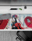 36x16 inches desk pad in cozy winter hues: midnight hair, gold-crimson kimono, scarlet parasols.