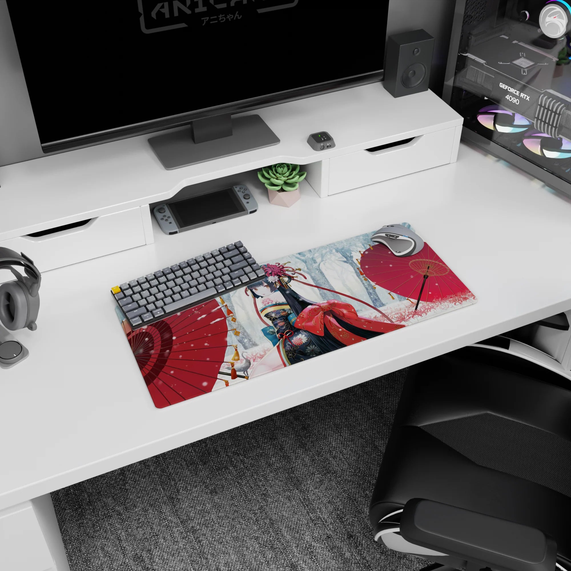 28x12 inches anime girl mouse pad showing shy backward glance, ornate kimono, hair ribbons, snowy scene.
