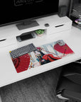 28x12 inches anime girl mouse pad showing shy backward glance, ornate kimono, hair ribbons, snowy scene.