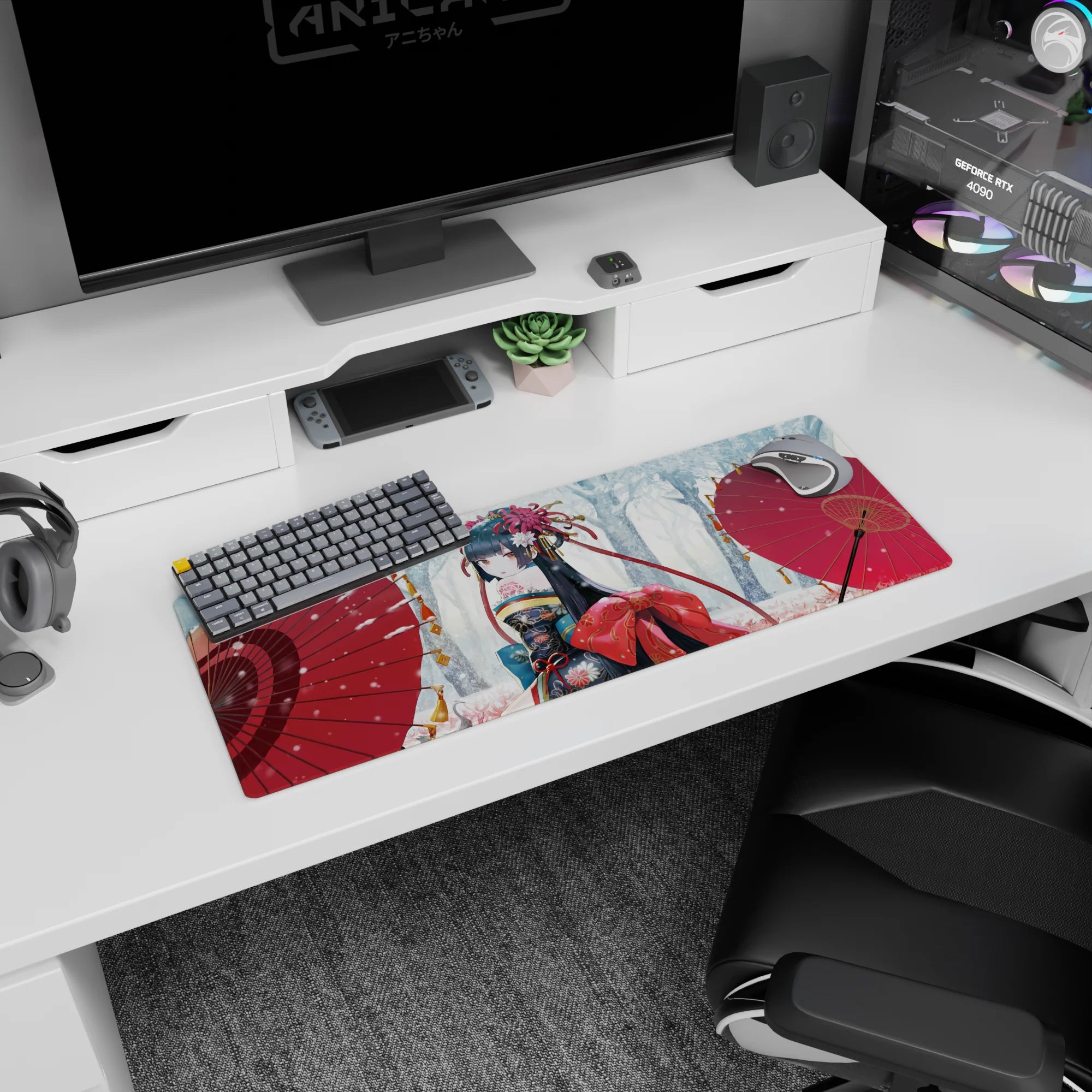 32x12 inches anime girl mouse pad showing shy over-the-shoulder glance, hair ribbons, and two red parasols.