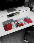 32x12 inches anime girl mouse pad showing shy over-the-shoulder glance, hair ribbons, and two red parasols.
