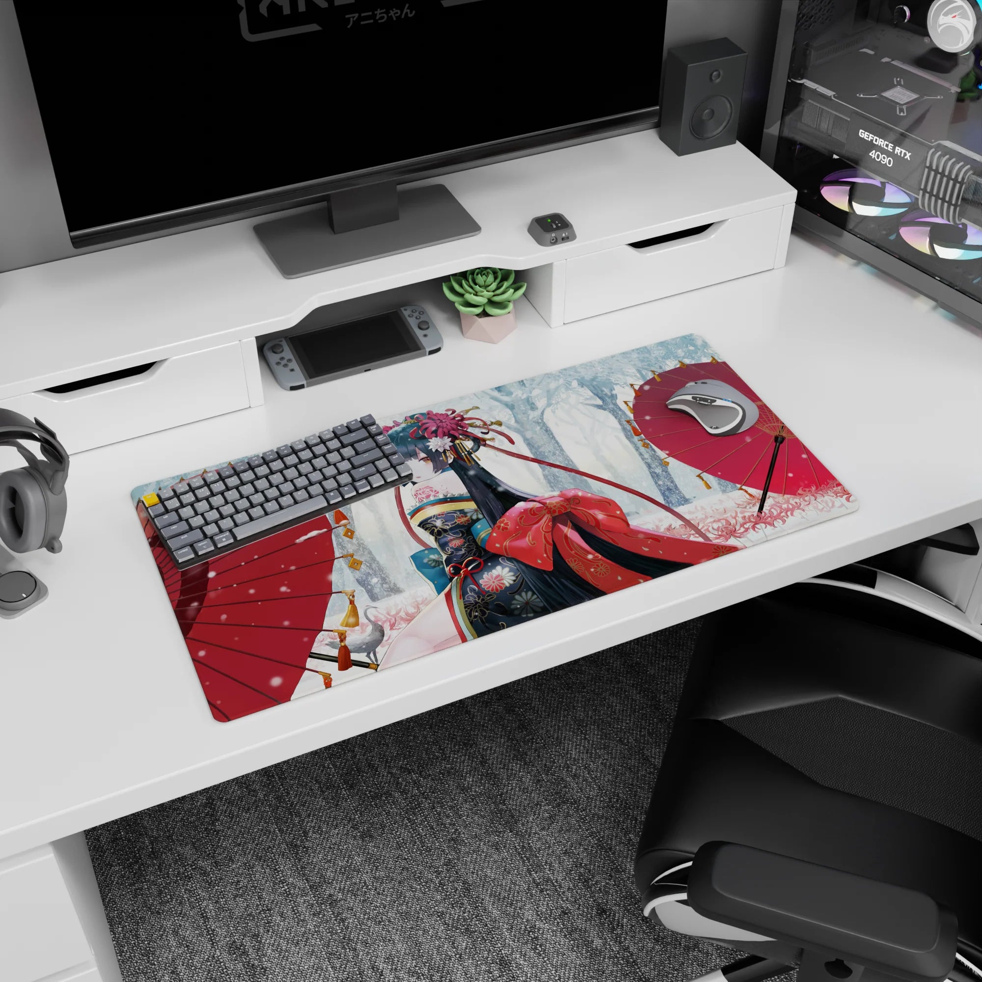 32x16 inches anime girl mouse pad featuring a shy back-glance girl in snowy street, red parasols framing her.