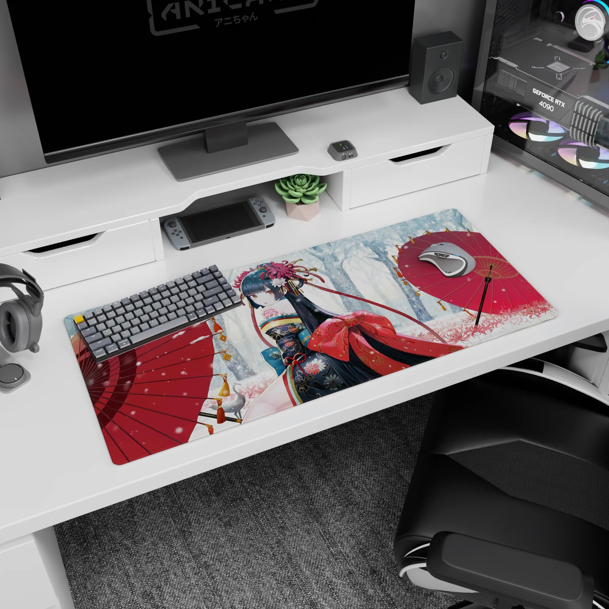 36x16 inches anime desk pad showing a shy girl looking back in snowy street, kimono and red parasols.