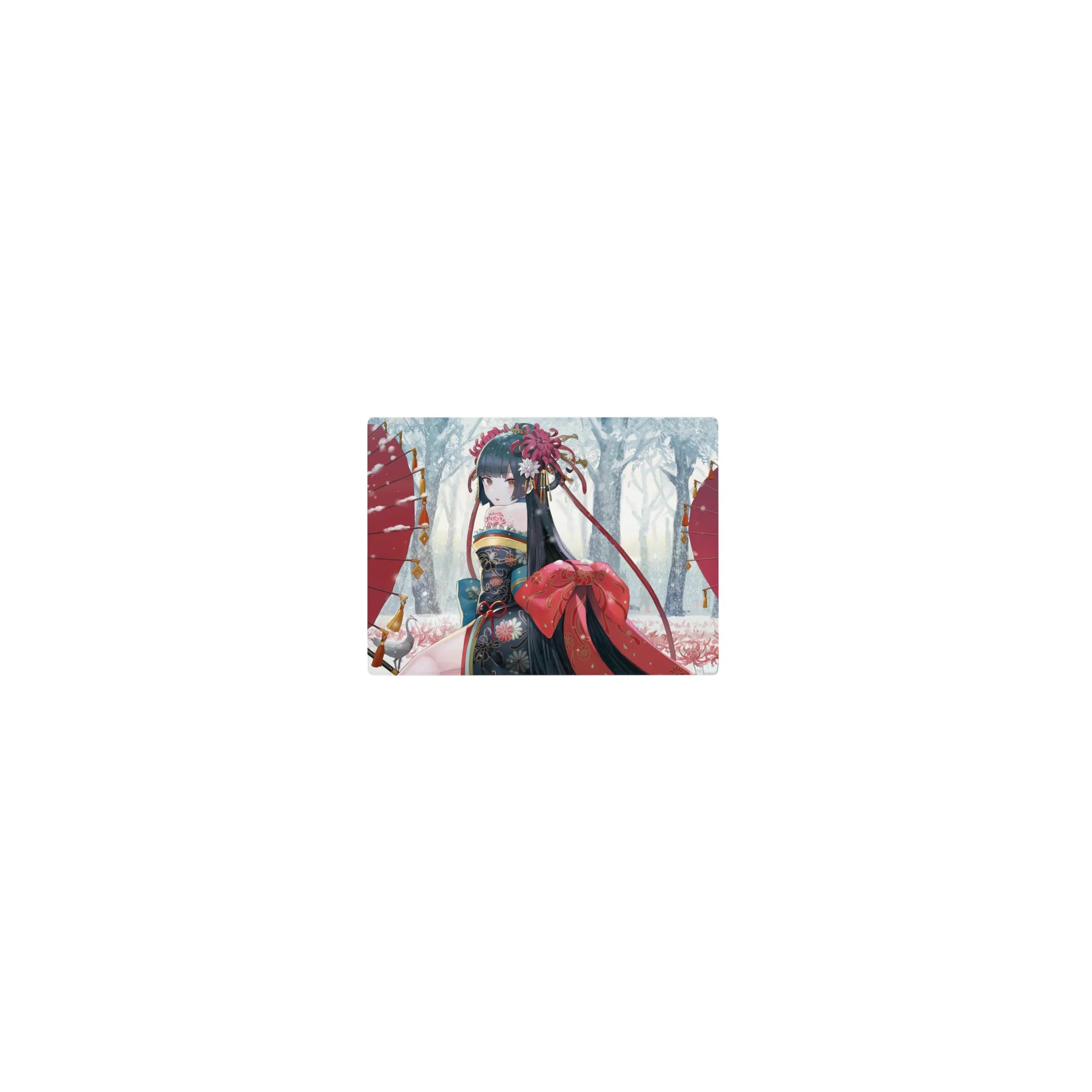 Classic anime girl mouse pad 14x10 inches, kimono florals, red bow, twin parasols, crisp desk art.