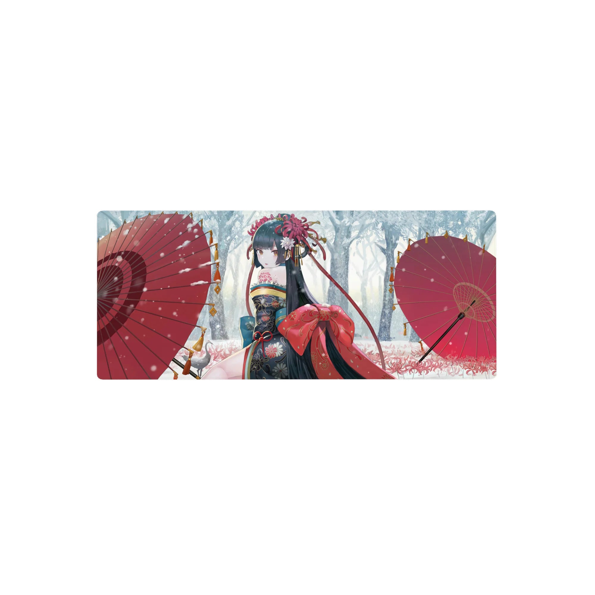 28x12 inches anime girl mouse pad with kimono florals, red bow, and twin scarlet parasols in snow.