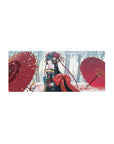 28x12 inches anime girl mouse pad with kimono florals, red bow, and twin scarlet parasols in snow.