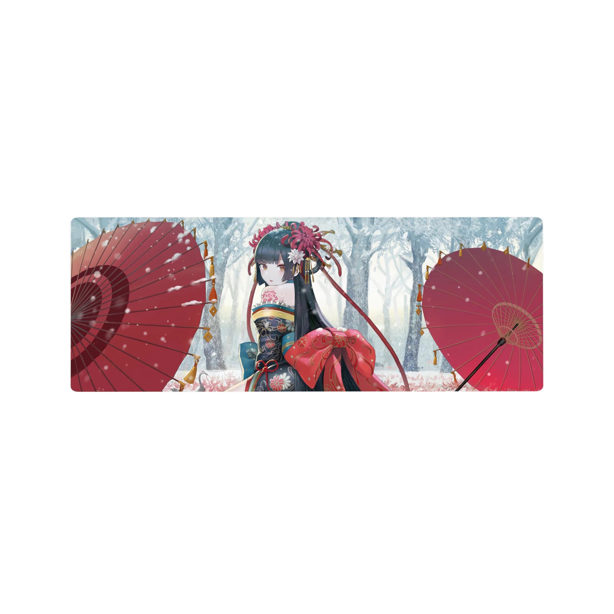 32x12 inches anime girl mouse pad with kimono, red bow, twin scarlet parasols, winter snow backdrop.