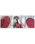 32x12 inches anime girl mouse pad with kimono, red bow, twin scarlet parasols, winter snow backdrop.