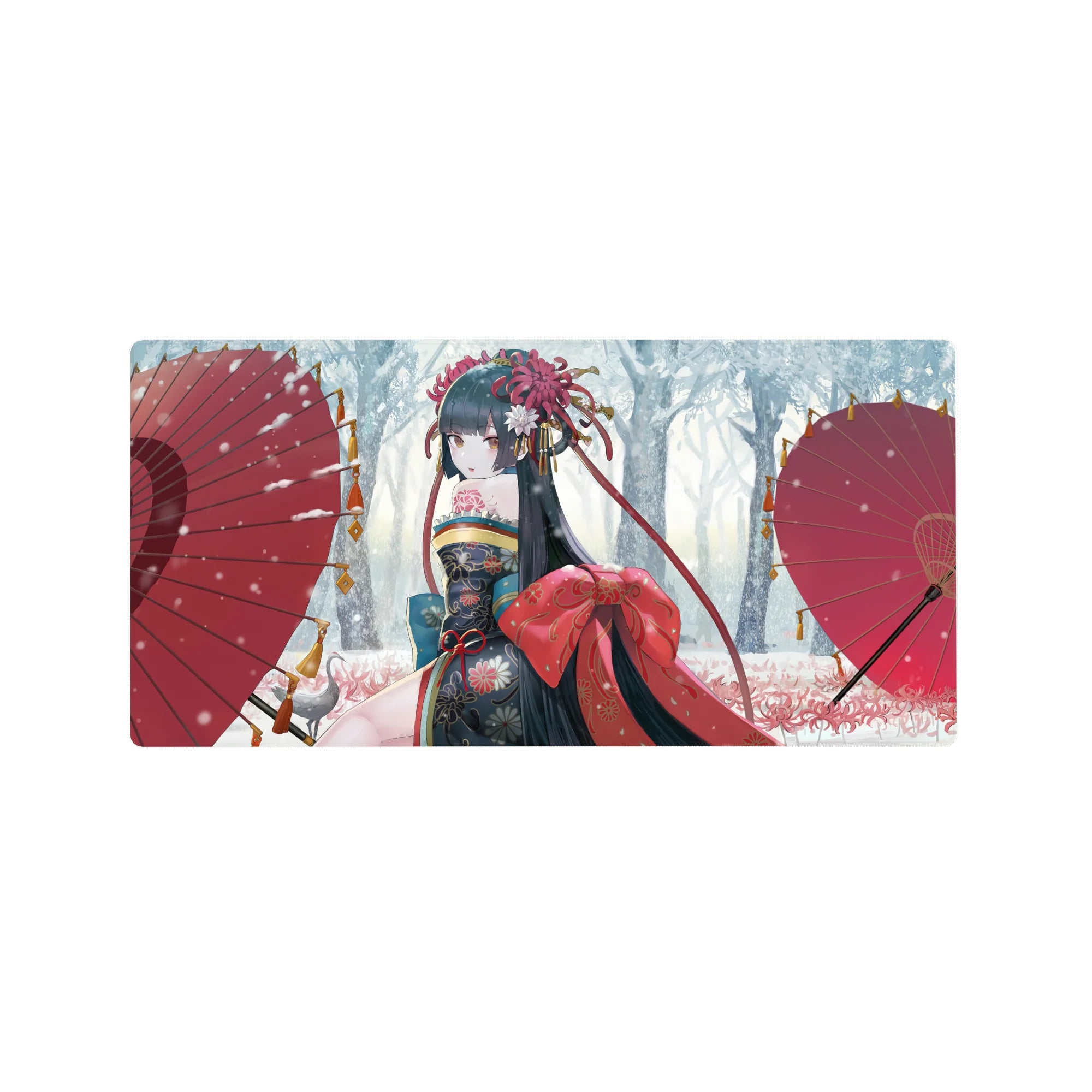32x16 inches anime girl mouse pad with kimono florals, big red bow, and twin scarlet parasols in snow.