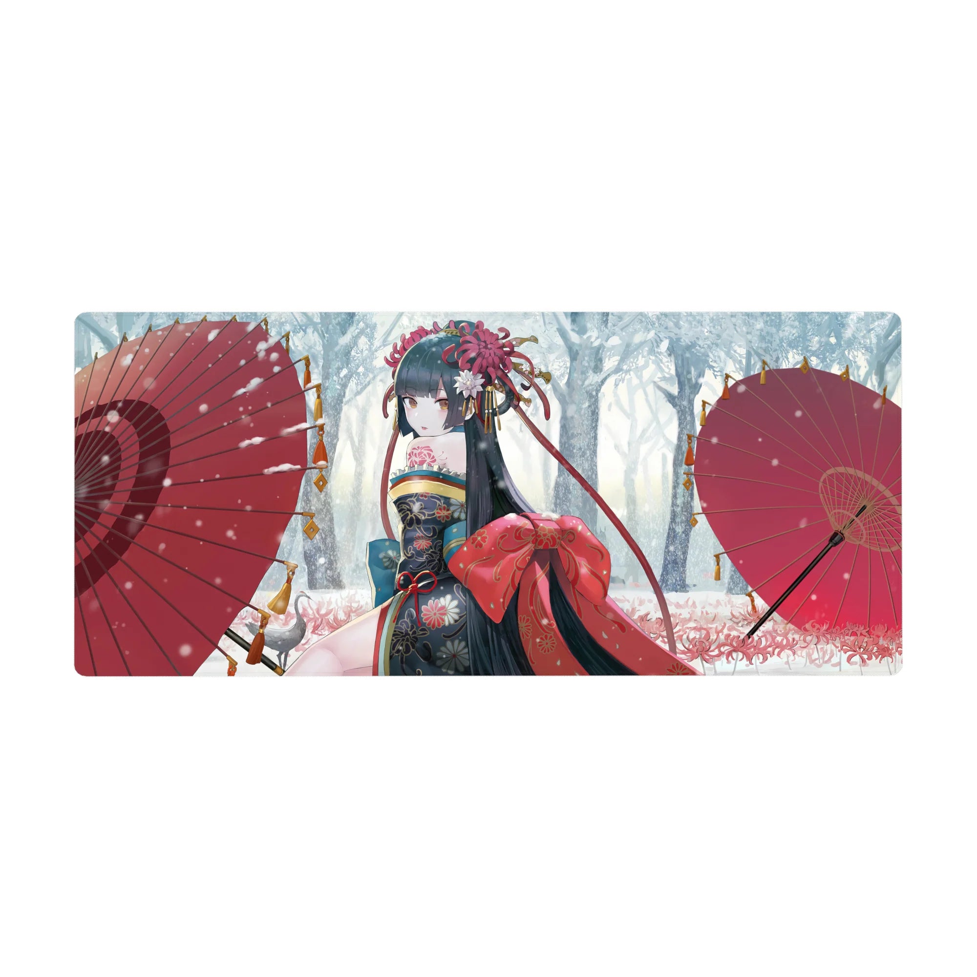 36x16 inches anime girl desk pad with kimono florals, big red bow, and twin red parasols in snow.