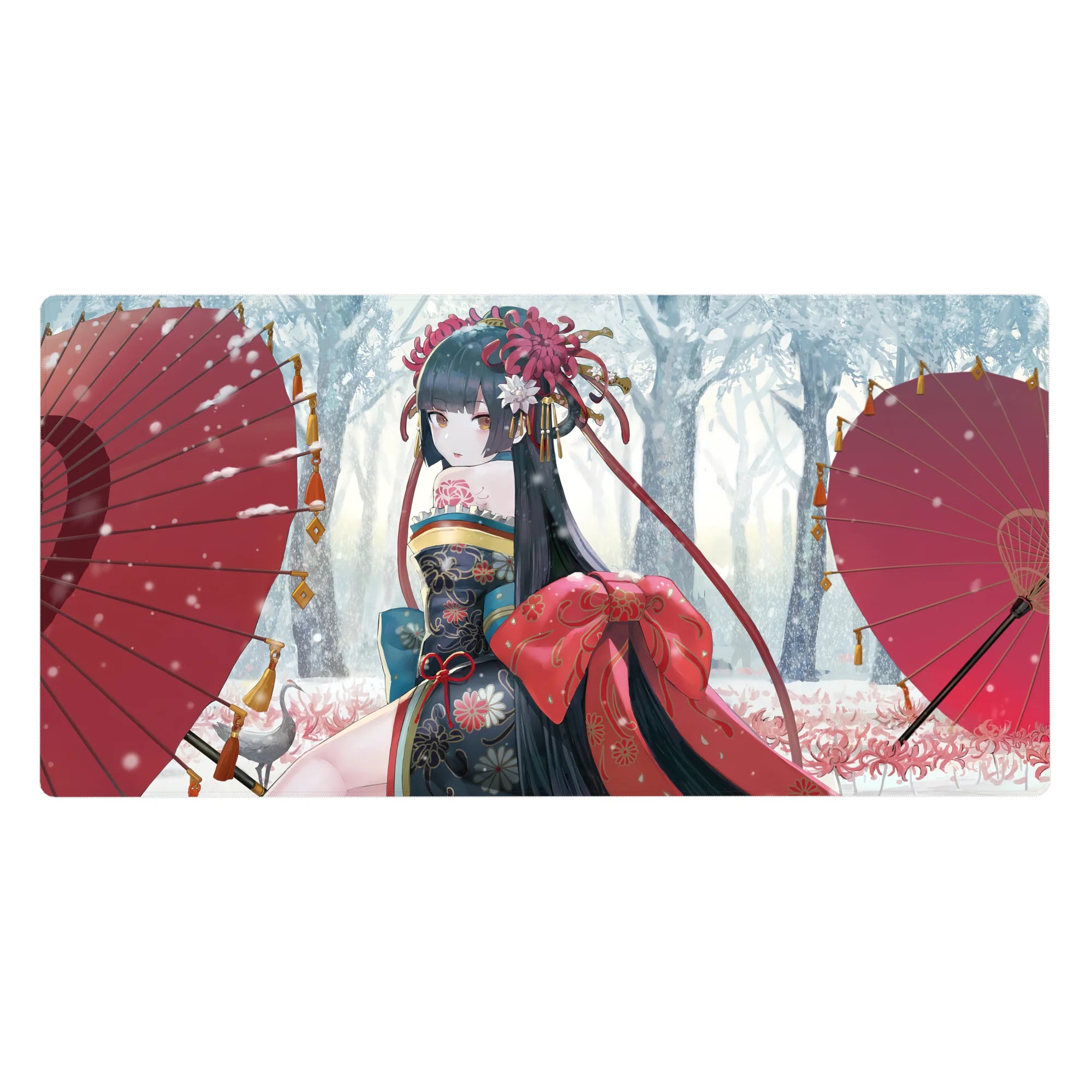 40x20 inches anime girl desk pad with kimono florals, red bow, and twin scarlet parasols in snow.