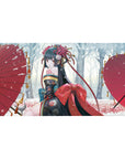 40x20 inches anime girl desk pad with kimono florals, red bow, and twin scarlet parasols in snow.