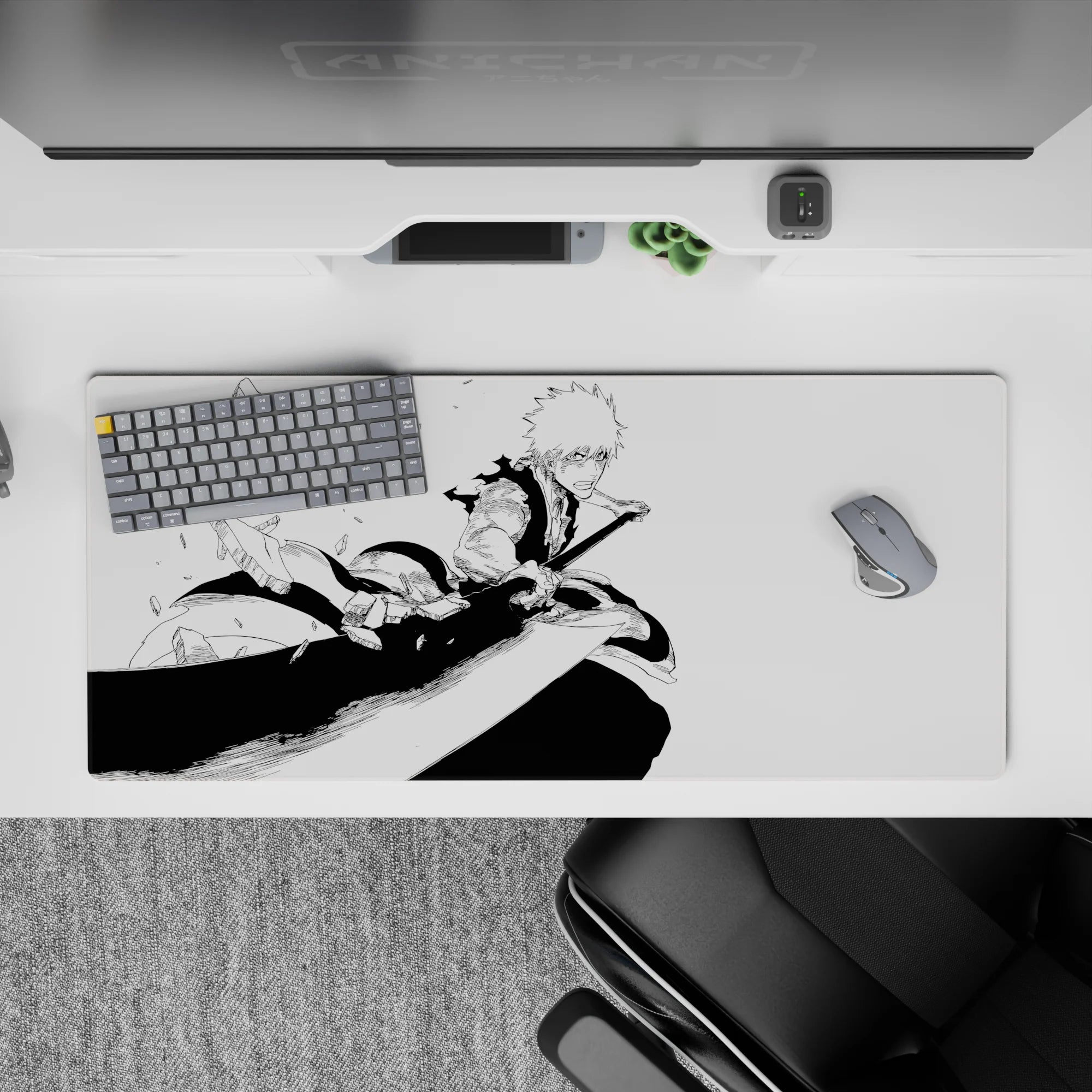 Bleach Ichigo anime mouse pad 36x16 inches, showcasing Ichigo's intense rage in striking pose with manga ink energy.