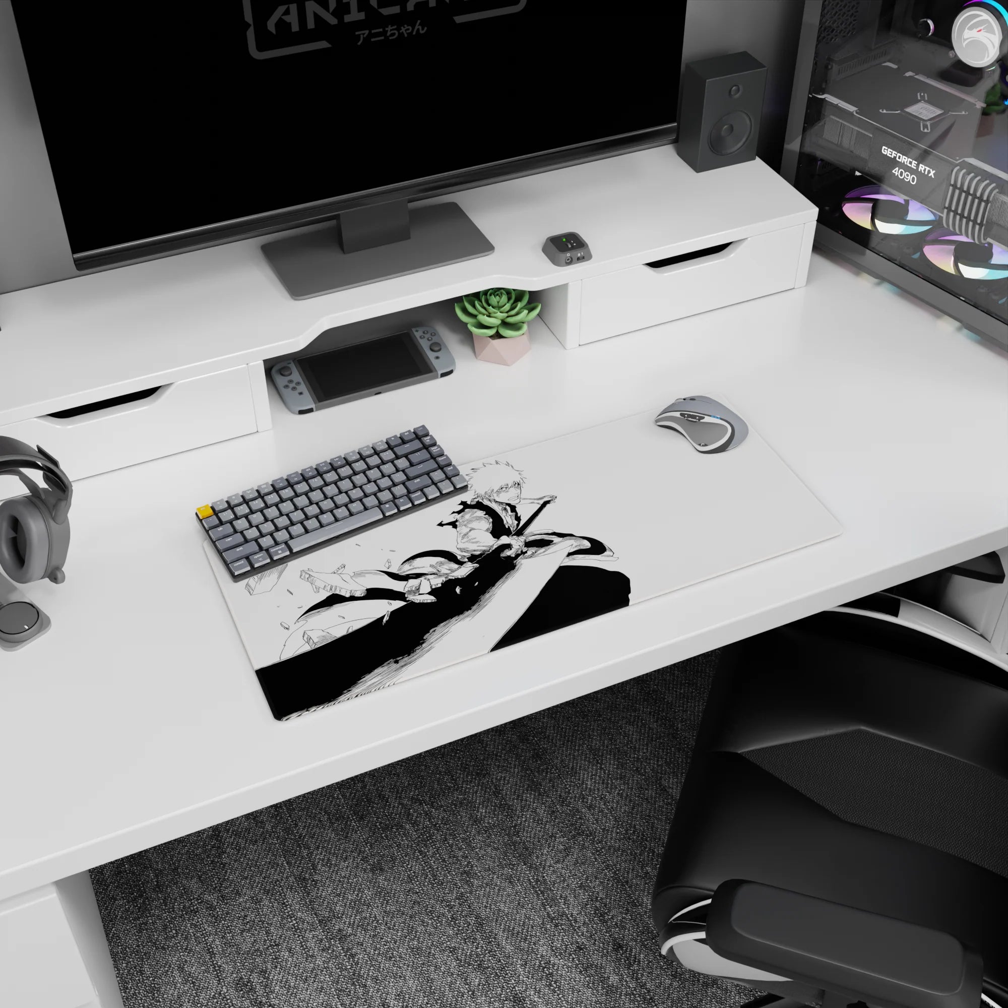 Ichigo Kurosaki mid-strike on 28x12 inch mouse pad, capturing the raw energy of Bleach in monochrome manga style.