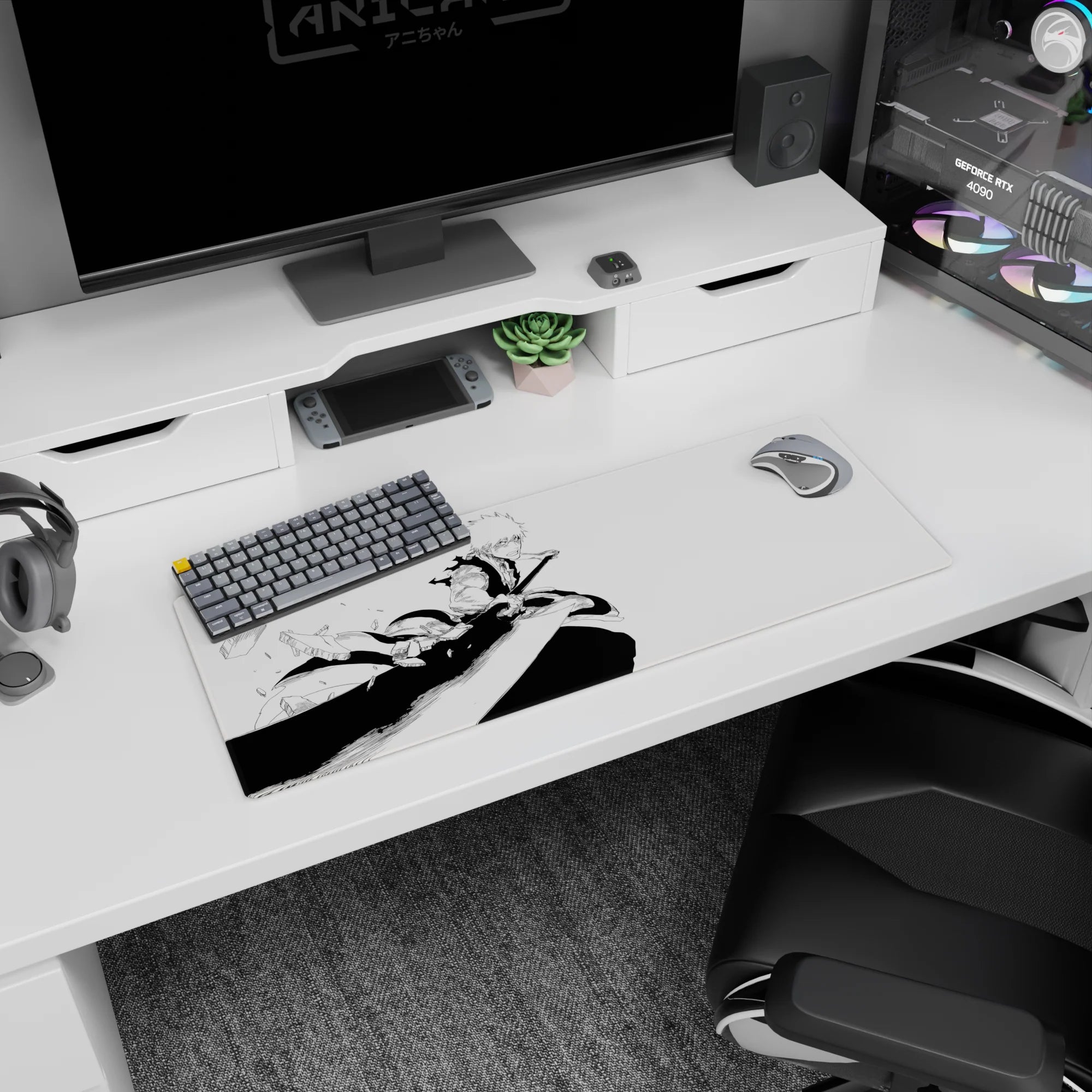 Oversized 32x12 inches mouse pad featuring Ichigo from Bleach, showcasing a dynamic manga-style action scene in black and white.
