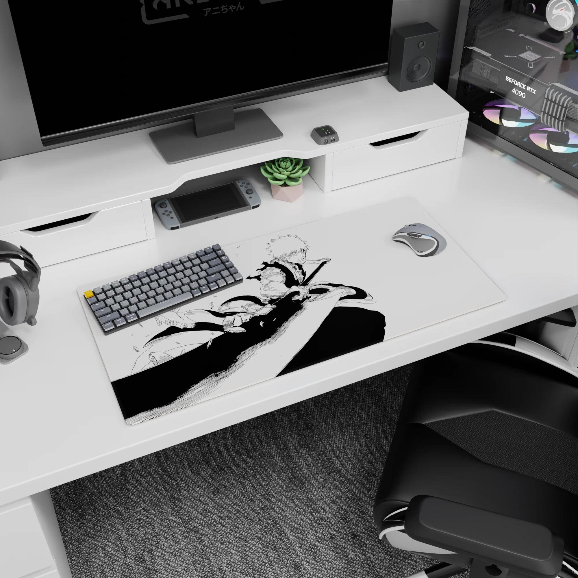 Ichigo from Bleach in mid-strike on a 32x16 inch anime mouse pad, showcasing dynamic black-and-white manga art.