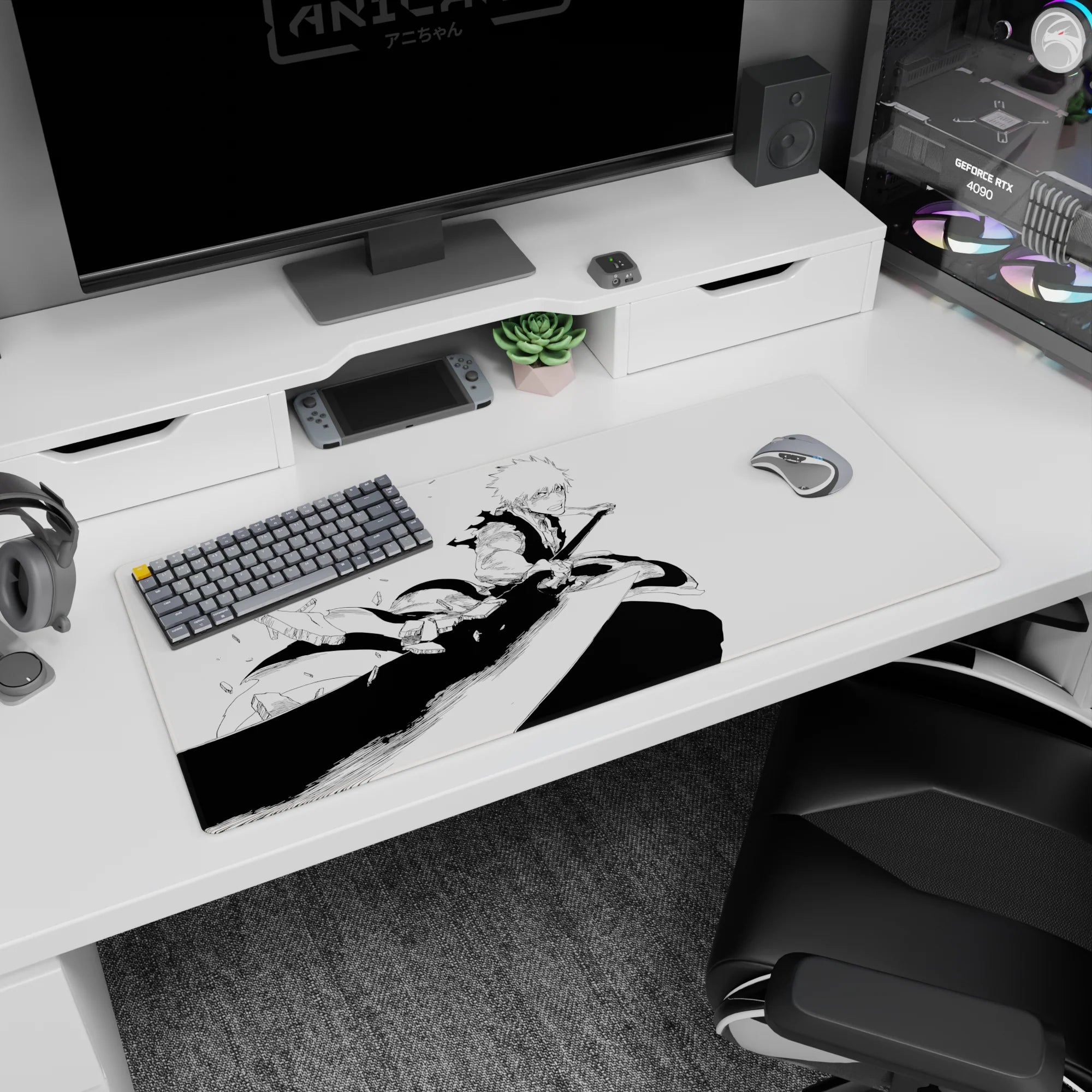 Ichigo from Bleach in monochrome rage on 36x16 inch anime mouse pad, capturing dynamic manga energy and shattered debris.