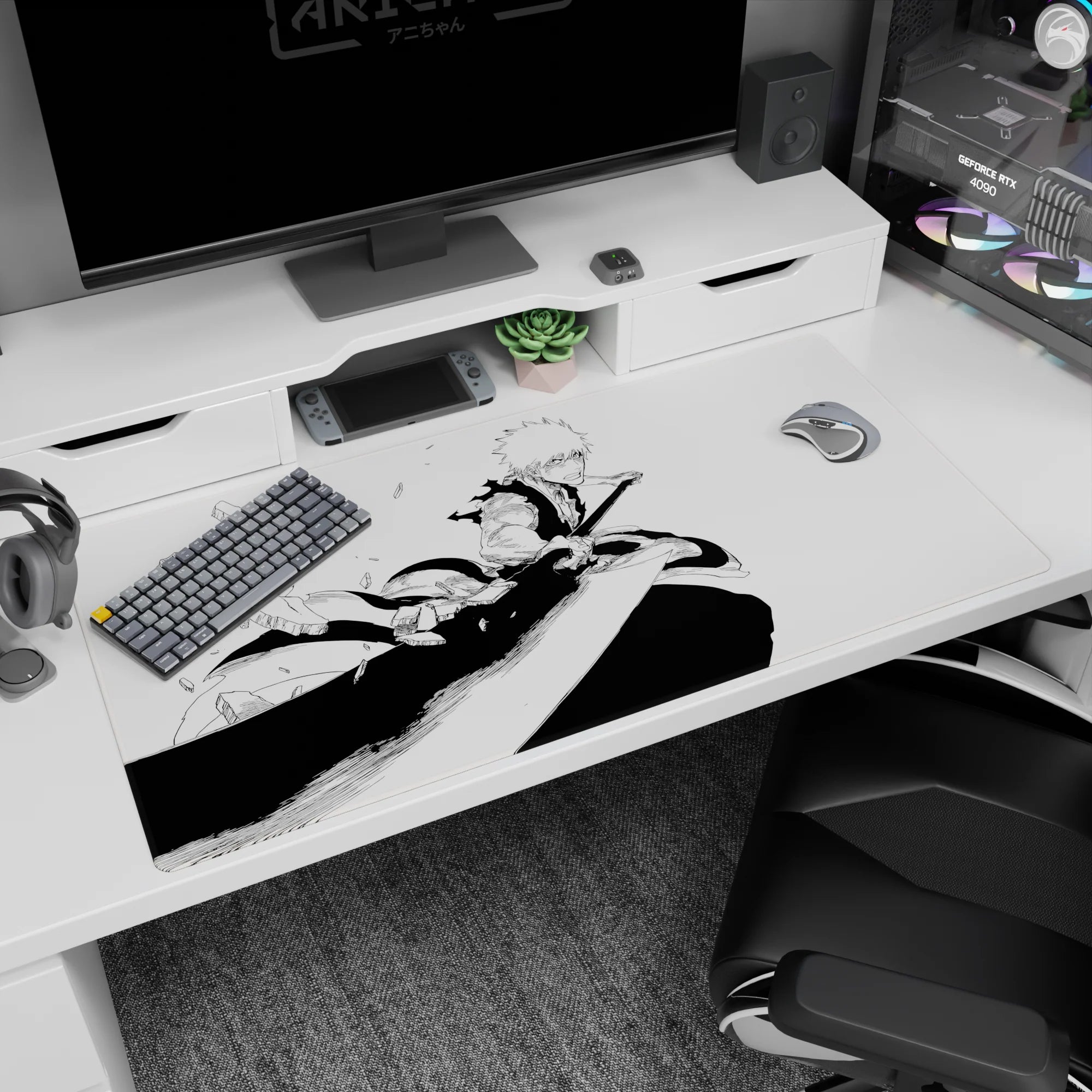 Anime desk pad 40x20 inches featuring Ichigo from Bleach in a striking monochrome design, capturing his fierce energy.