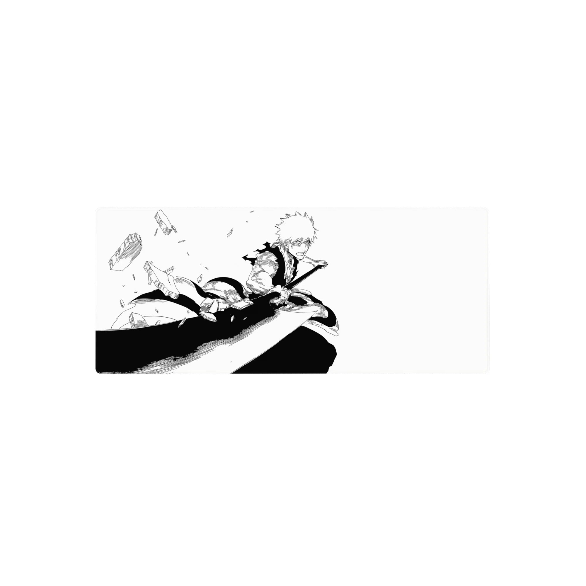 Ichigo Kurosaki mid-strike on a 28x12 inch Bleach anime mouse pad, showcasing dynamic black-and-white manga art.