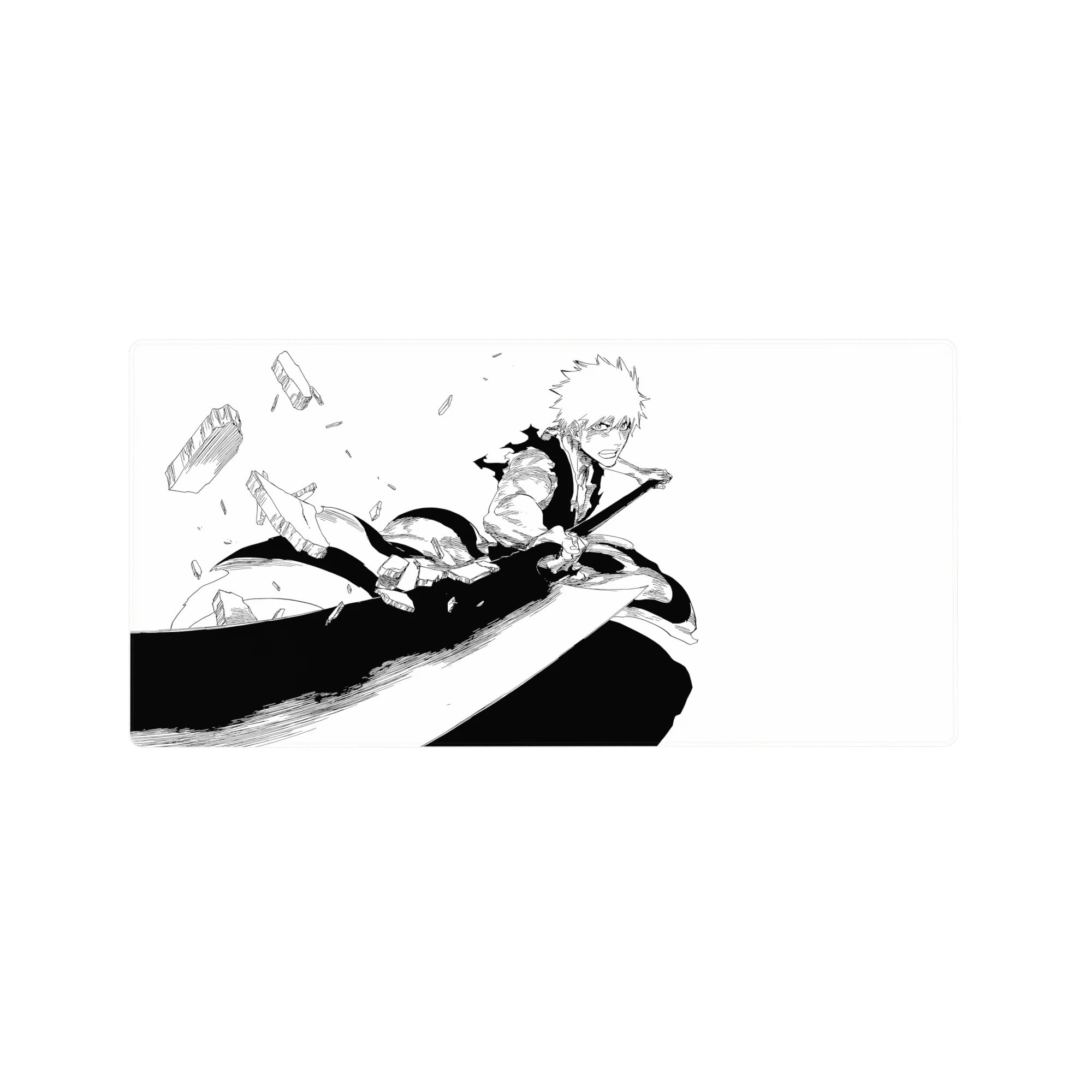 Ichigo Bleach anime mouse pad, 32x16 inches, features dynamic black-and-white manga art capturing intense action and emotion.