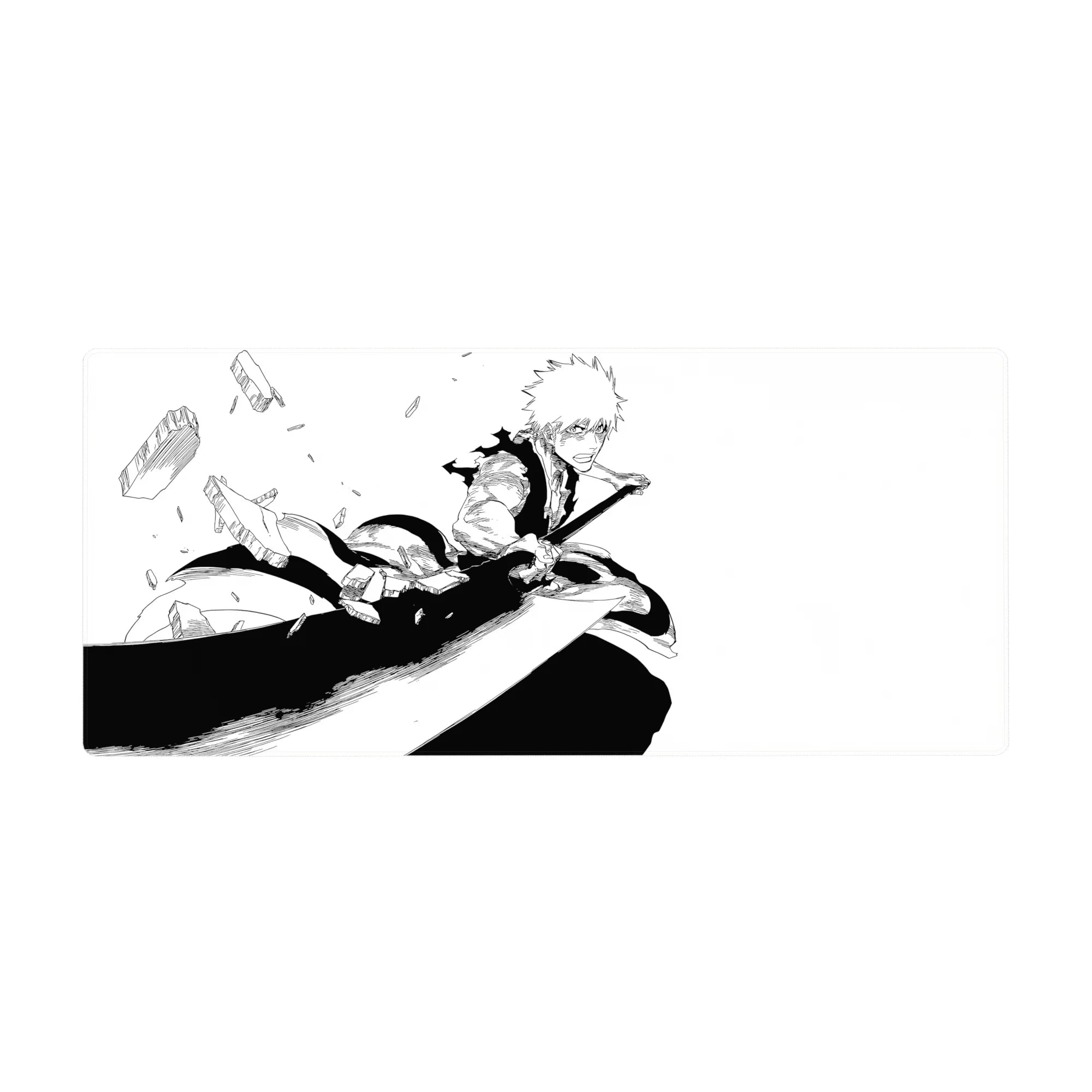 Ichigo from Bleach in mid-strike on a 36x16 inch anime mouse pad, capturing intense manga energy with shattered debris.