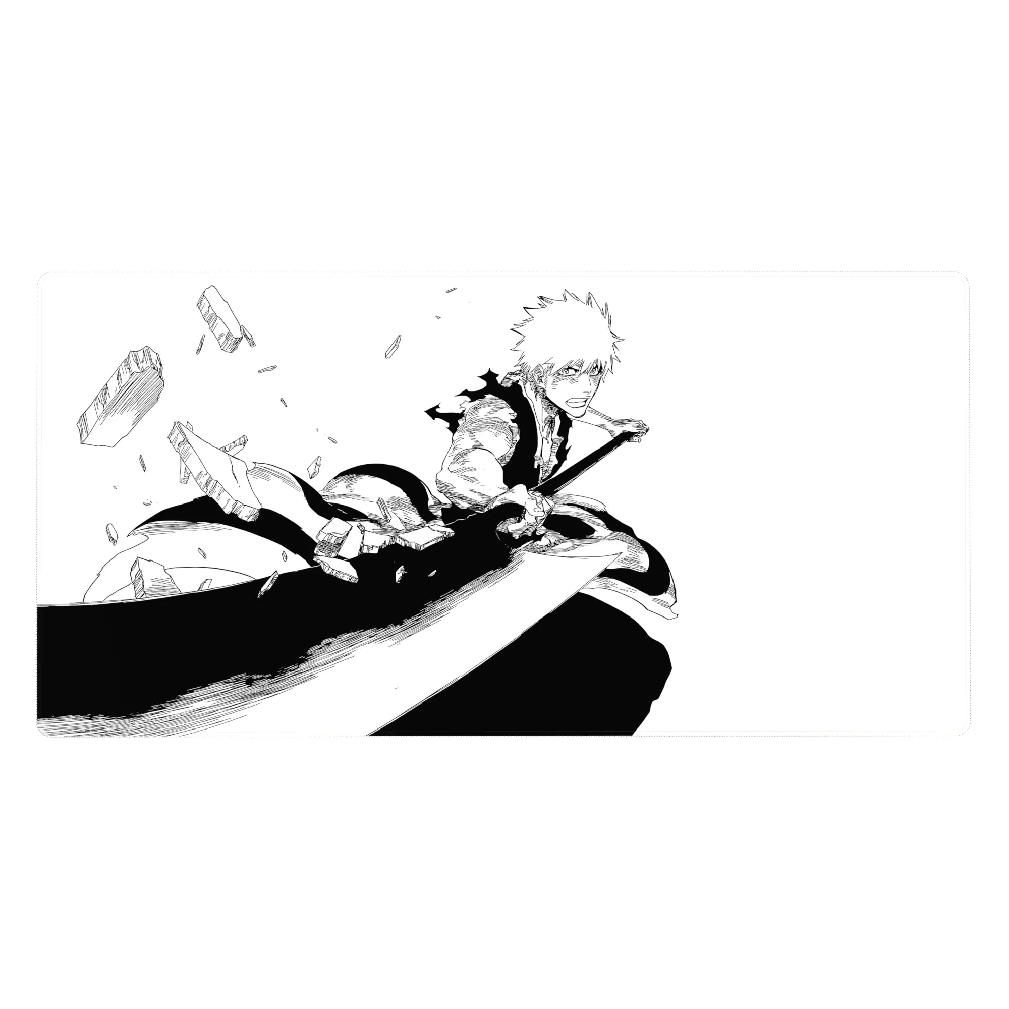 Bleach anime desk pad featuring Ichigo's iconic monochrome strike, 40x20 inches, with dynamic manga ink energy.