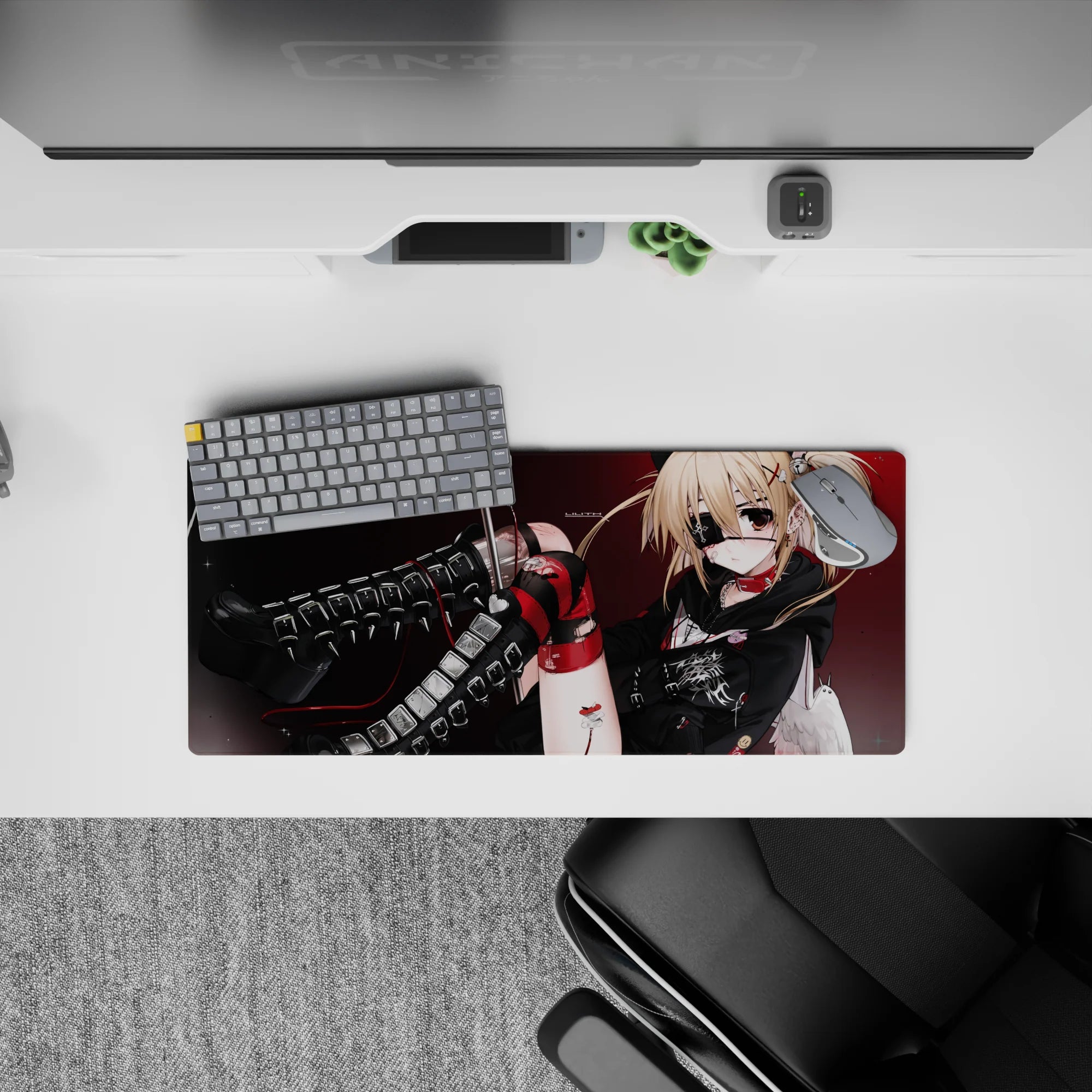 Crimson and black anime girl mouse pad 28x12 inches with sparkles, sharp shadows, and edgy night vibe.