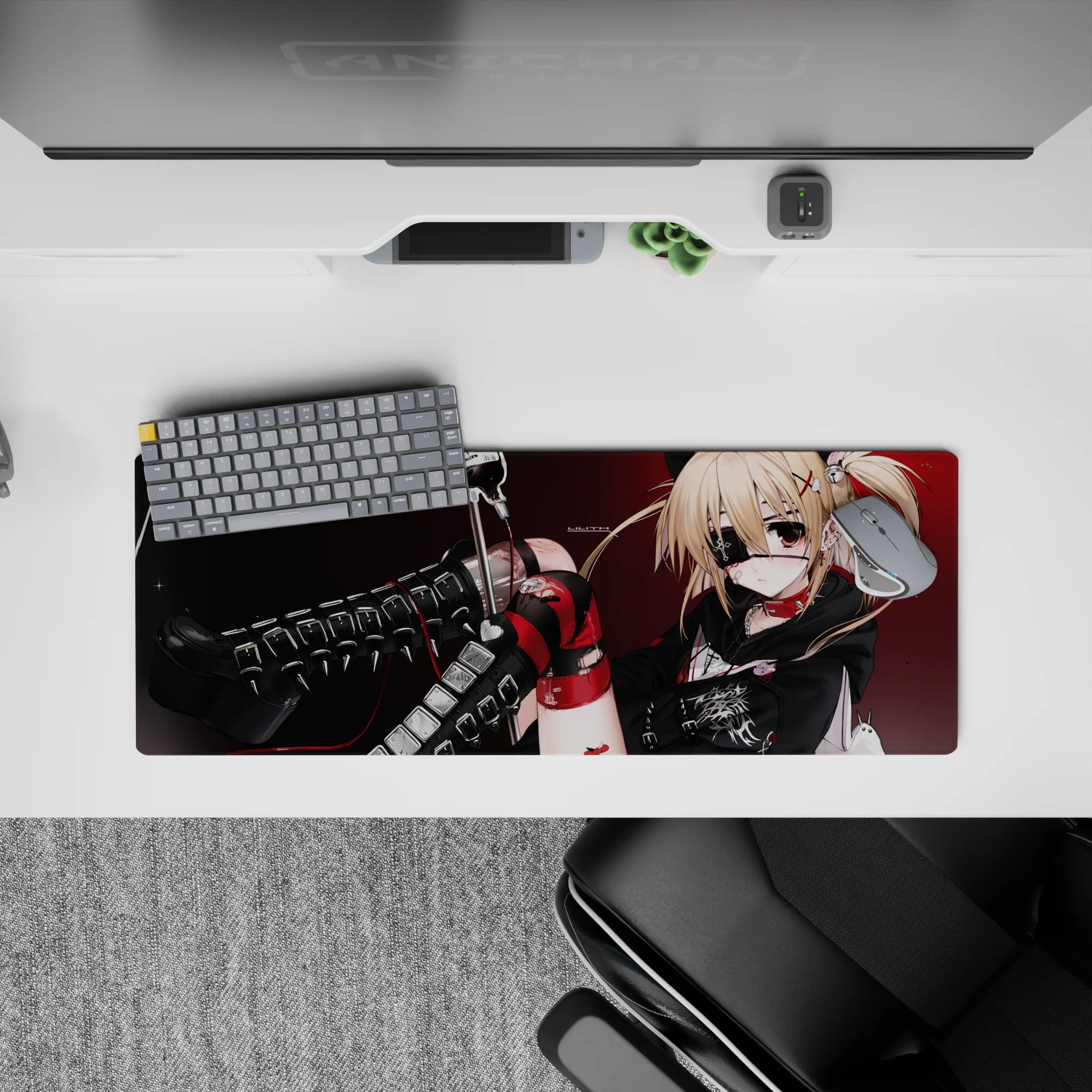 32x12 inches red-and-black anime desk mouse pad with deep crimson backdrop, sharp shadows, sparkle flecks.