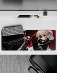 32x12 inches red-and-black anime desk mouse pad with deep crimson backdrop, sharp shadows, sparkle flecks.