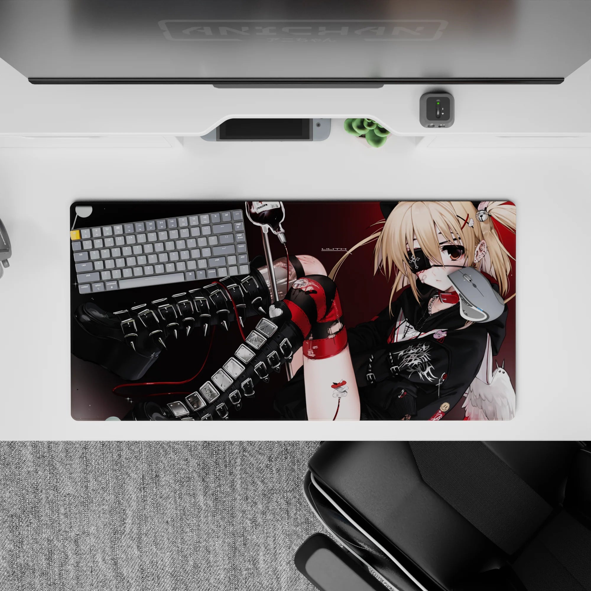 32x16 inches red-and-black anime mouse pad with deep crimson backdrop, sharp shadows, sparkle flecks.