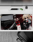 32x16 inches red-and-black anime mouse pad with deep crimson backdrop, sharp shadows, sparkle flecks.