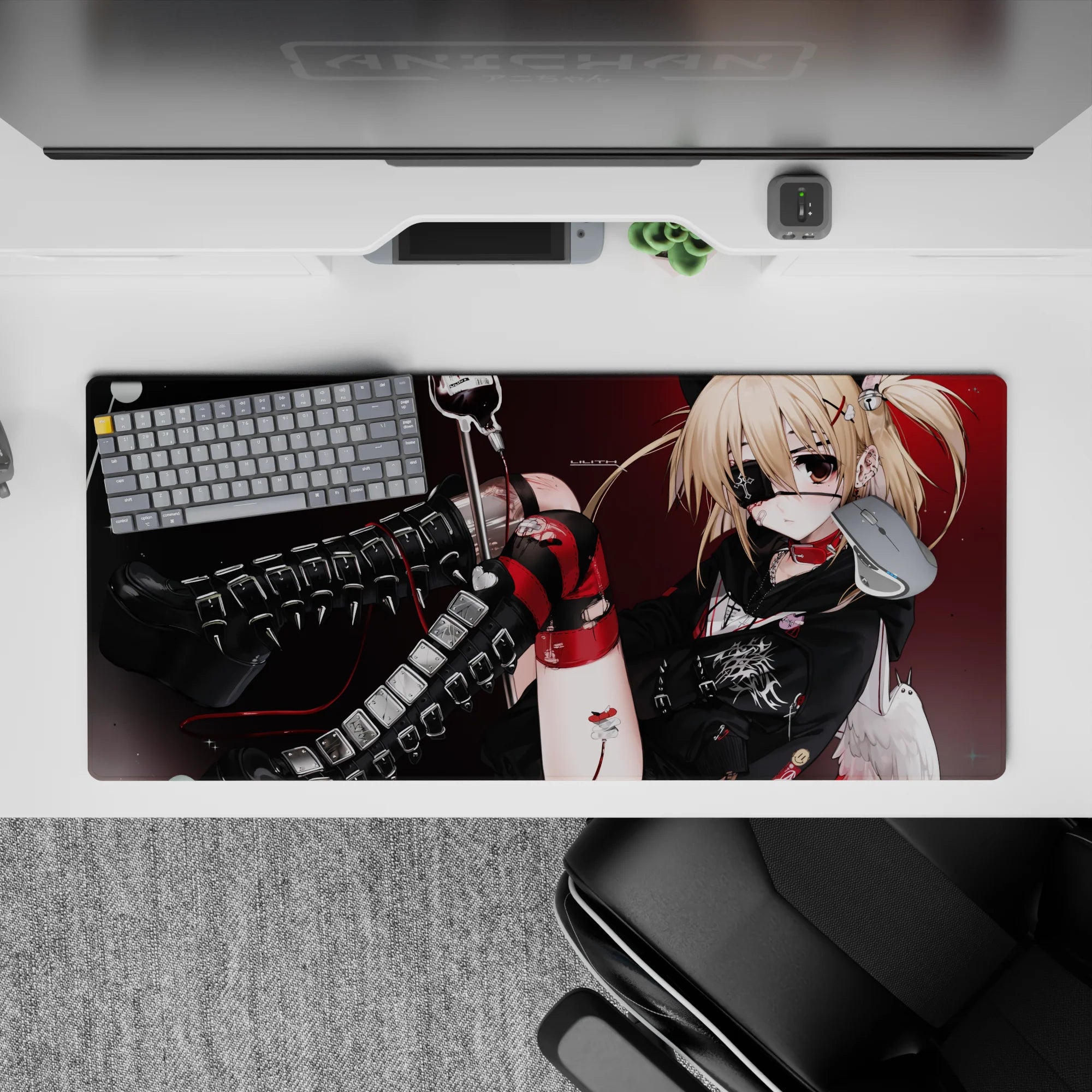 Red and black anime desk pad 36x16 inches with deep crimson backdrop, sharp shadows, sparkles, edgy vibe.