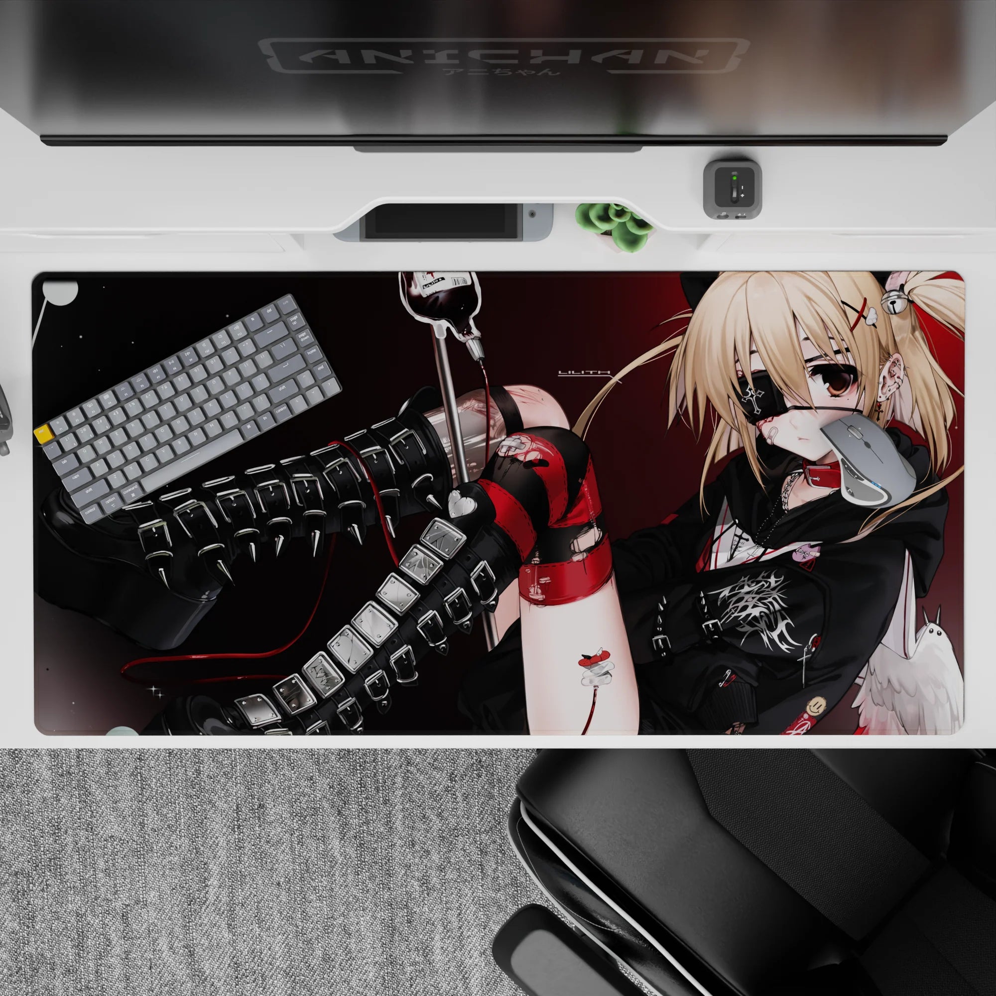 Red and black anime desk pad 40x20 inches, deep crimson manga vibe with sharp shadows and sparkles.