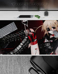 Red and black anime desk pad 40x20 inches, deep crimson manga vibe with sharp shadows and sparkles.