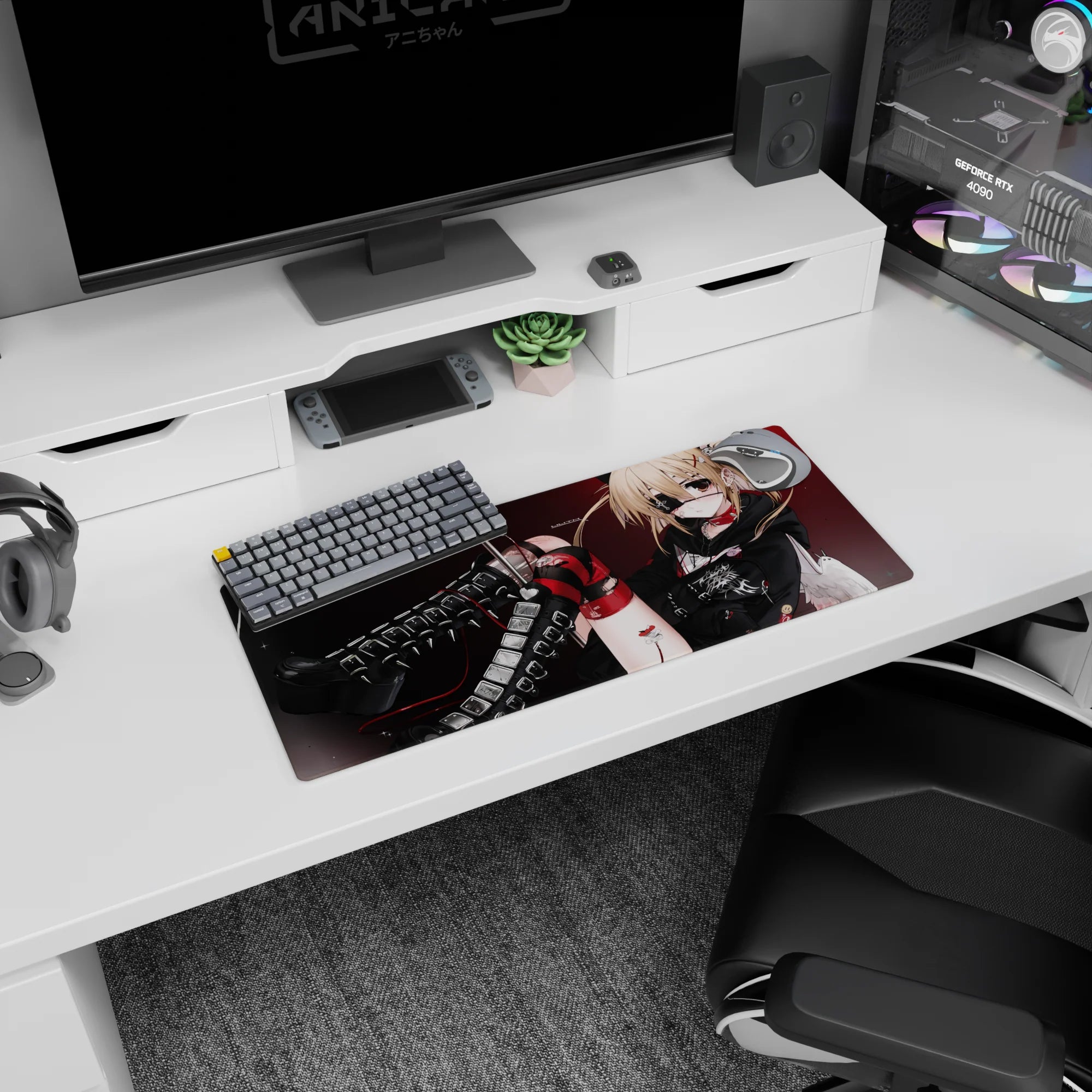 28x12 inches anime girl mouse pad featuring eyepatch blonde heroine, red cable line, and metallic buckles.