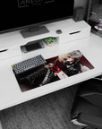 28x12 inches anime girl mouse pad featuring eyepatch blonde heroine, red cable line, and metallic buckles.