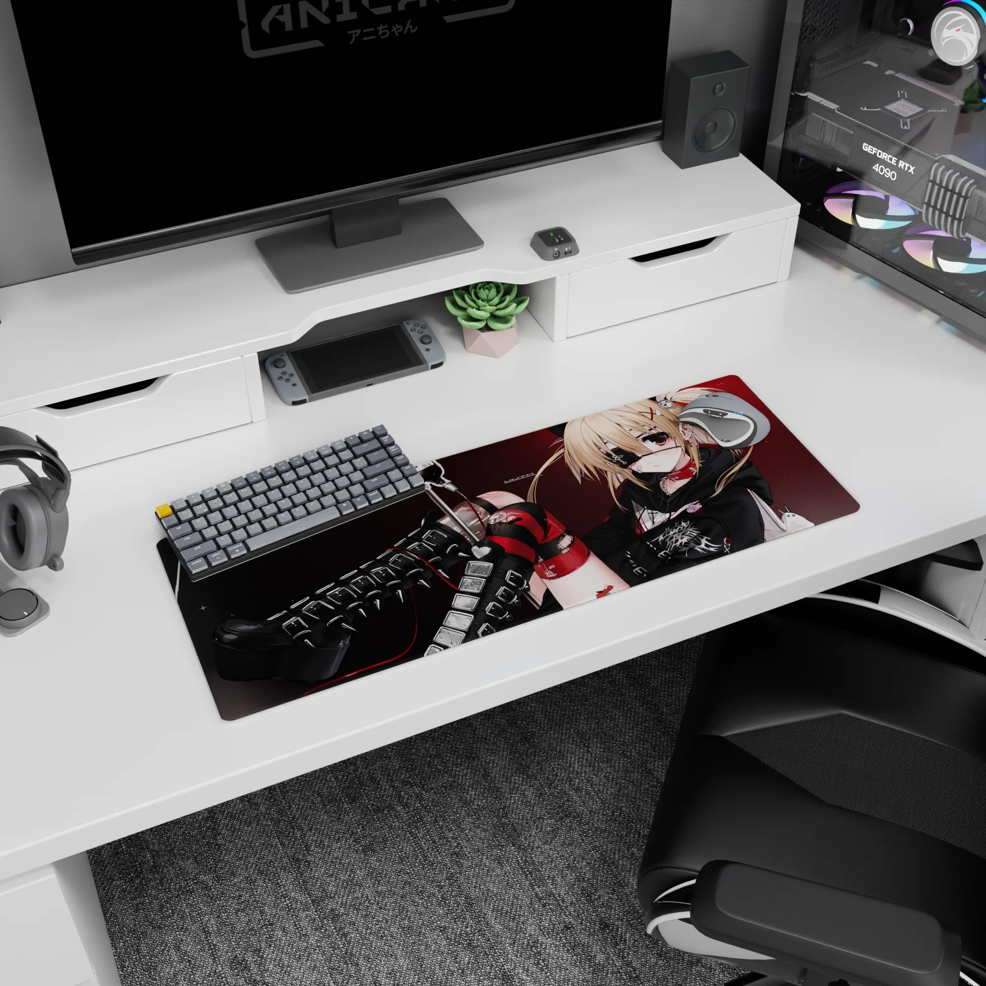 32x12 inches extended mouse pad showing a rebellious blonde heroine with eyepatch, buckles, and red cable.