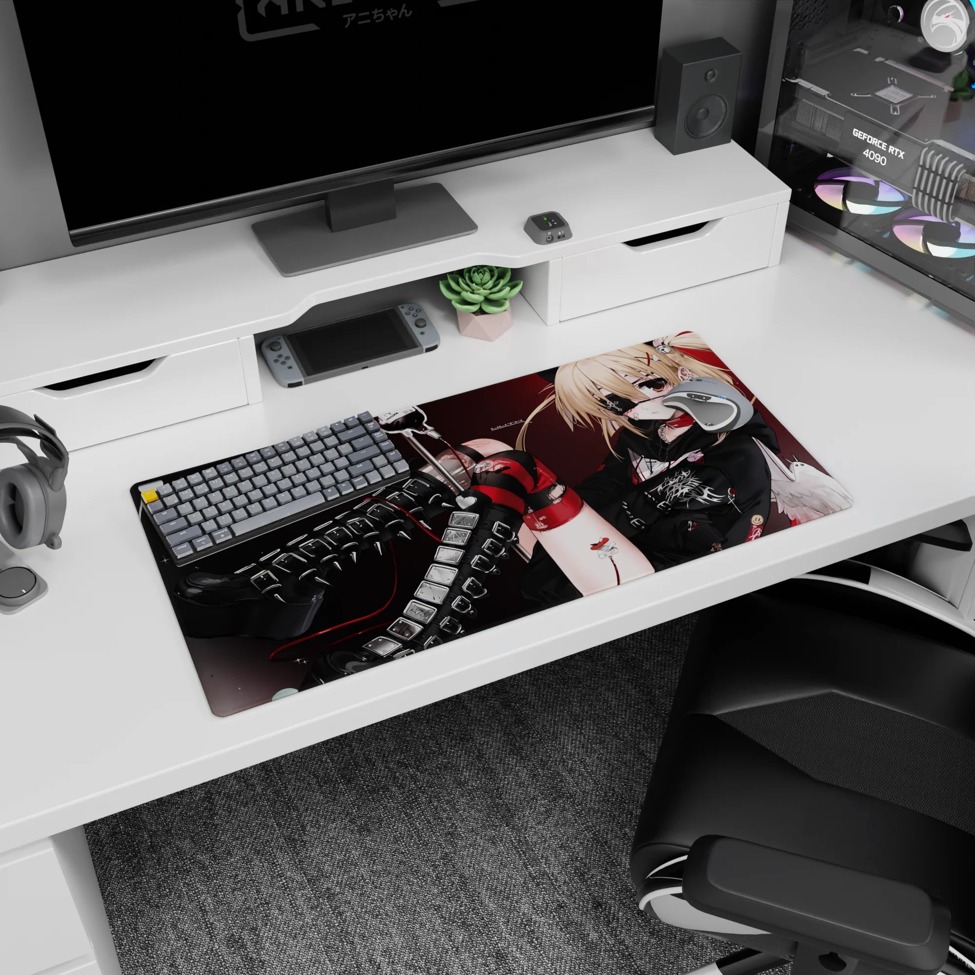 32x16 inches desk mat featuring rebellious blonde heroine with eyepatch, buckles, and red cable line.