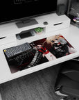 32x16 inches desk mat featuring rebellious blonde heroine with eyepatch, buckles, and red cable line.