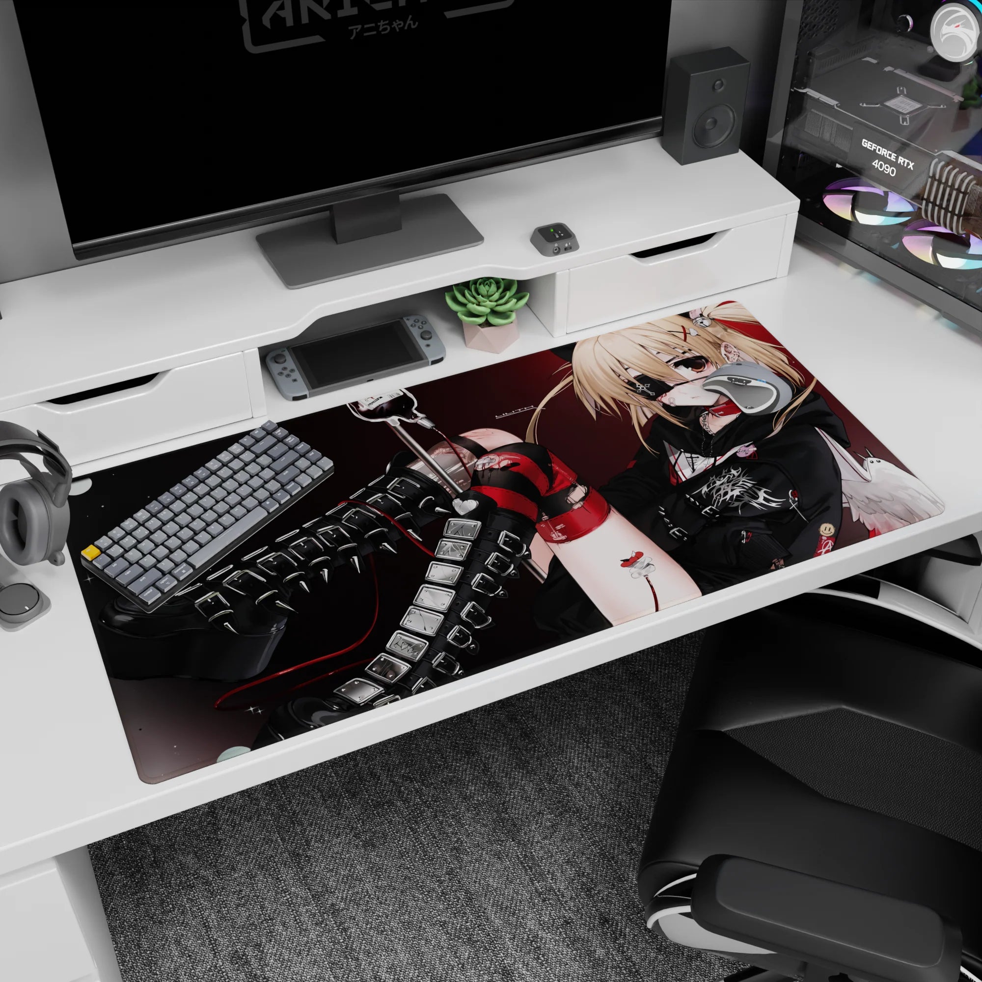 40x20 inches anime desk pad featuring blonde heroine with eyepatch, red cable, metallic buckles, boots.
