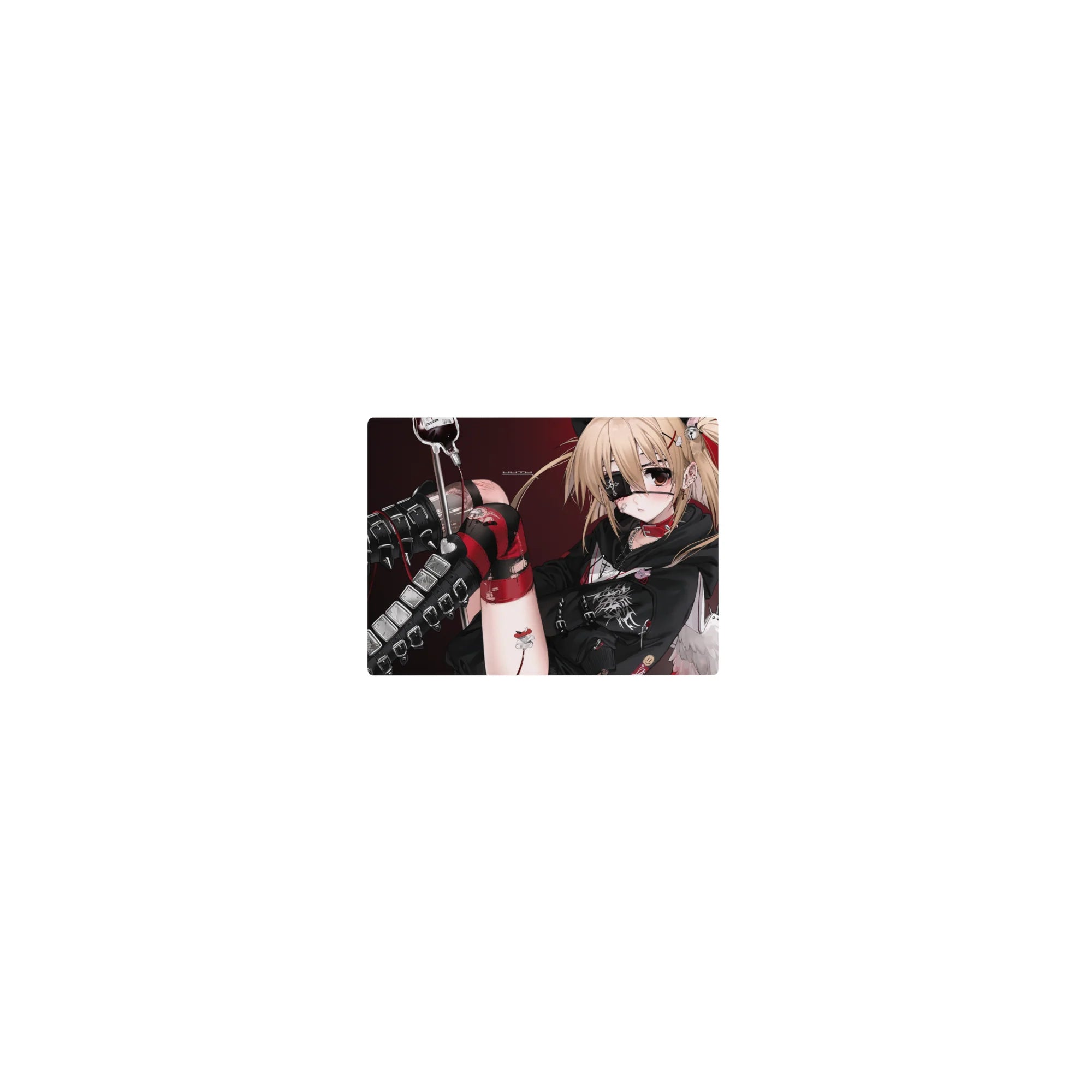 Classic anime girl mouse pad 14x10 inches with blonde punk angel, eyepatch, heart choker, black boots.