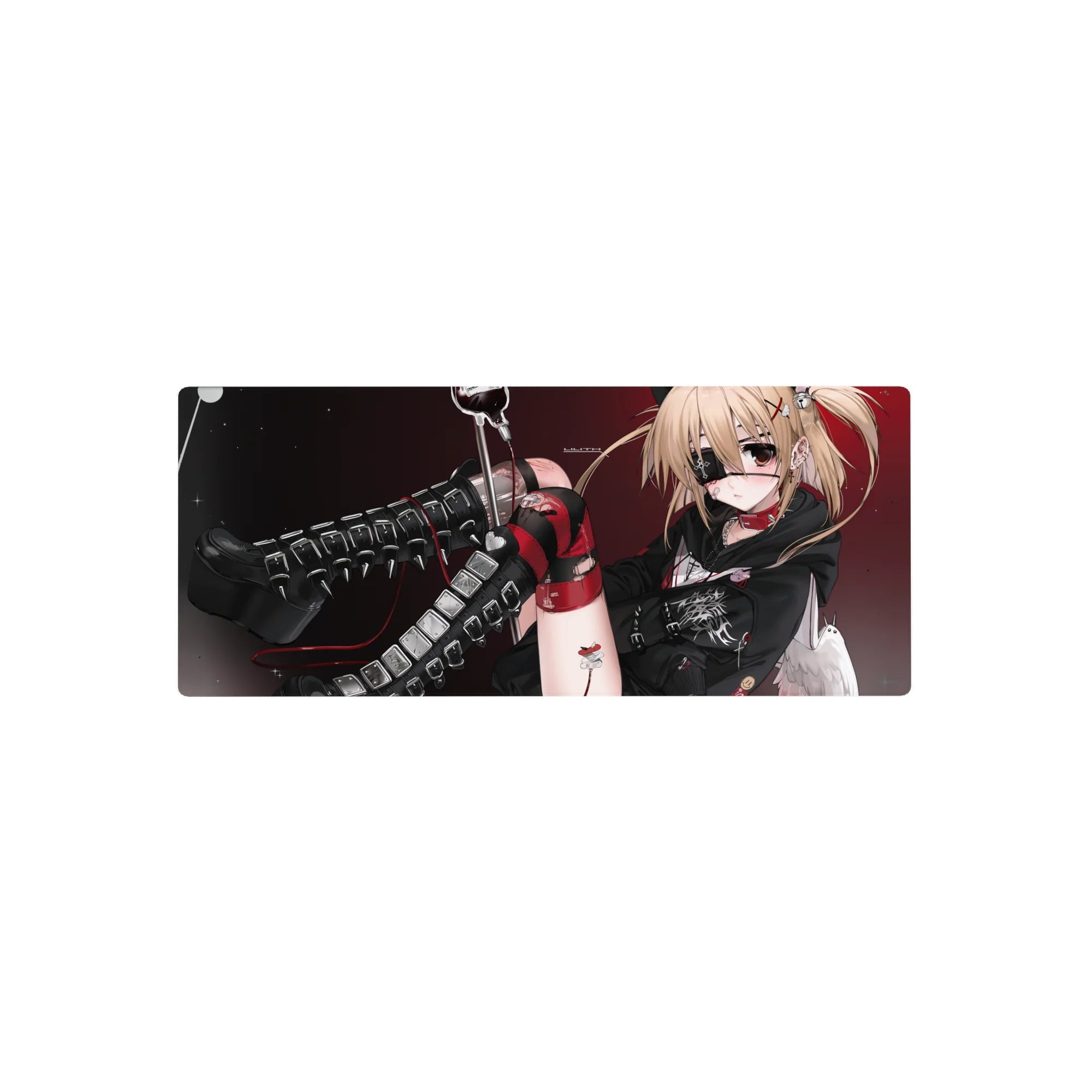 Anime girl mouse pad 28x12 inches with blonde punk-angel, eyepatch, heart choker, and glossy boots.