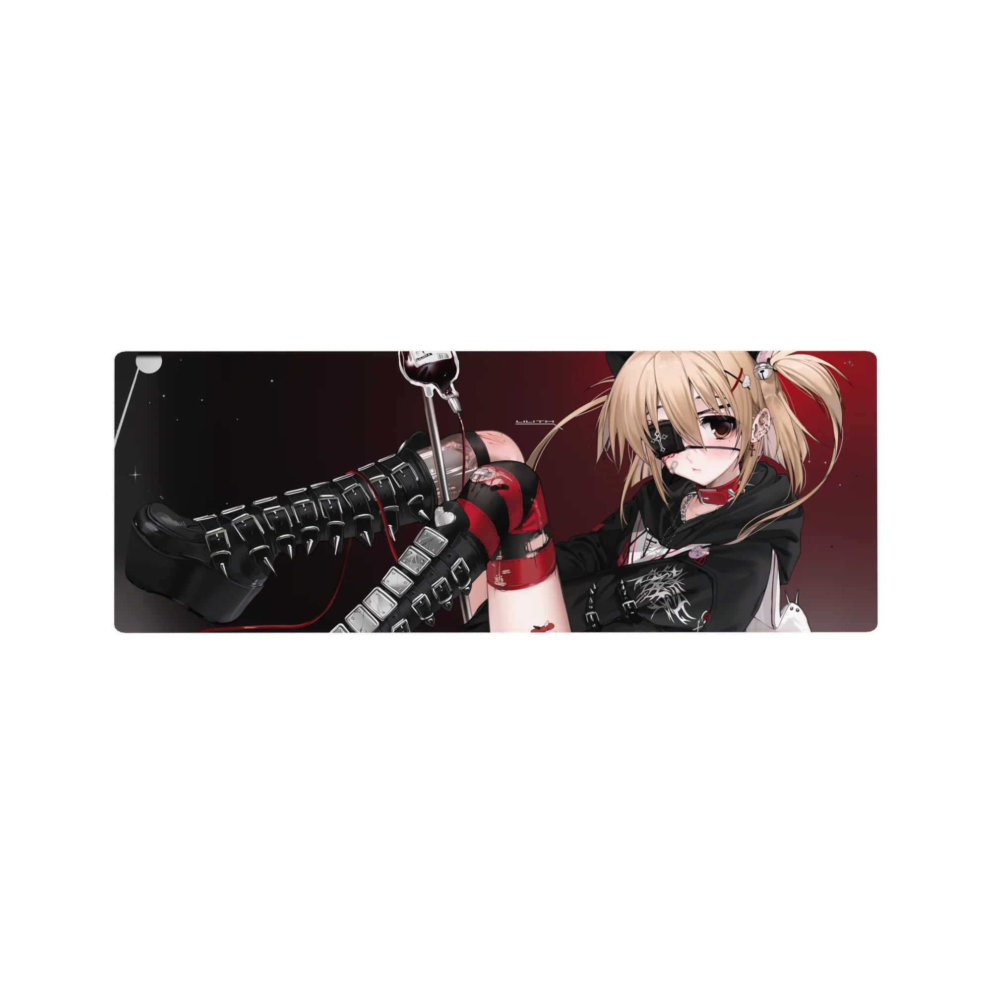 32x12 inches anime girl mouse pad with blonde punk-angel, eyepatch, heart choker, and black boots.
