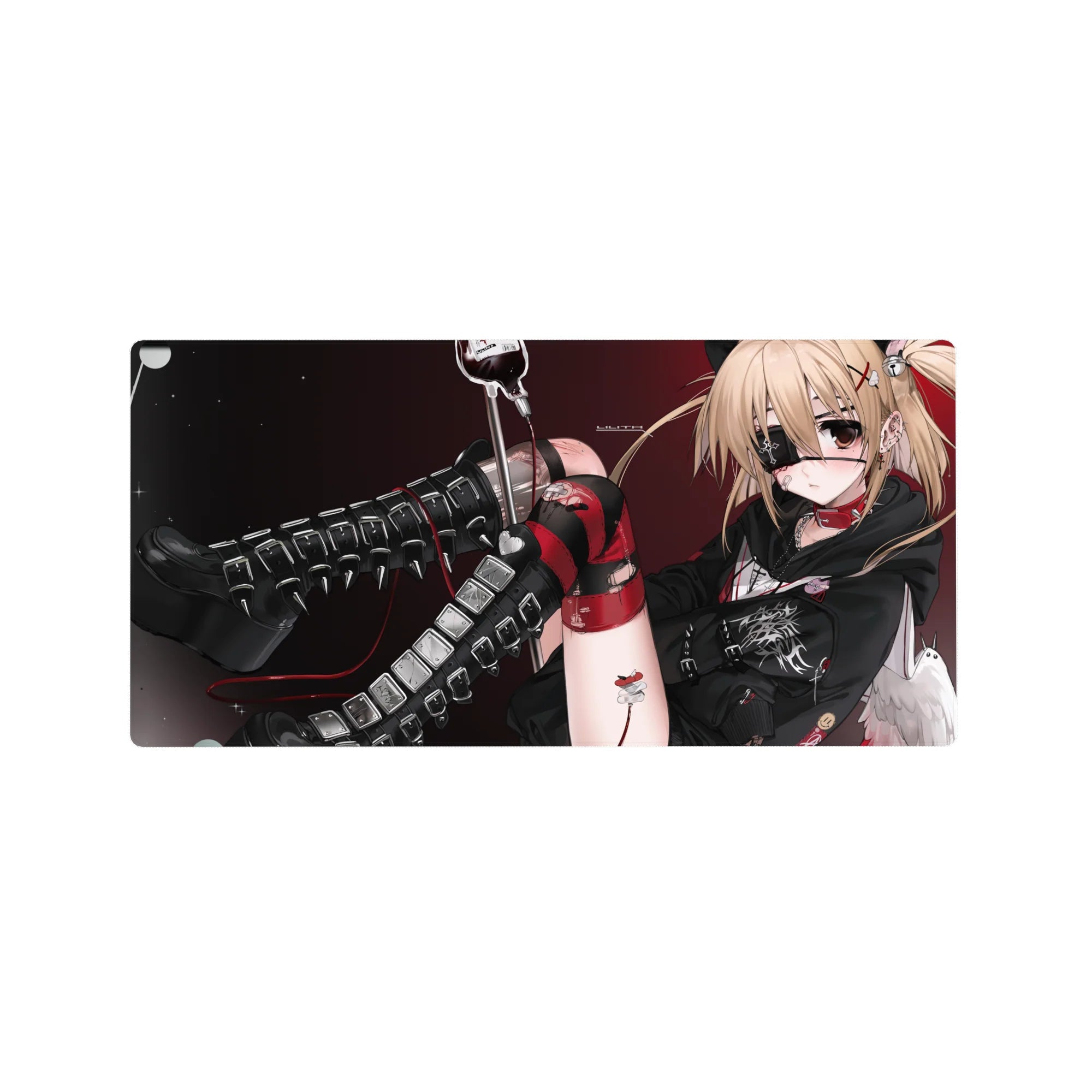 32x16 inches anime girl mouse pad with blonde punk-angel in eyepatch, heart choker, glossy boots.