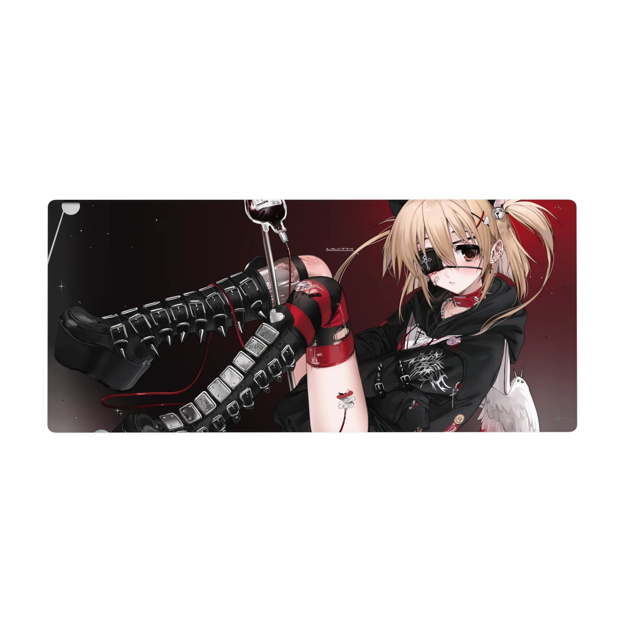 Anime girl desk pad 36x16 inches with blonde punk angel, eyepatch, heart choker, and black boots.