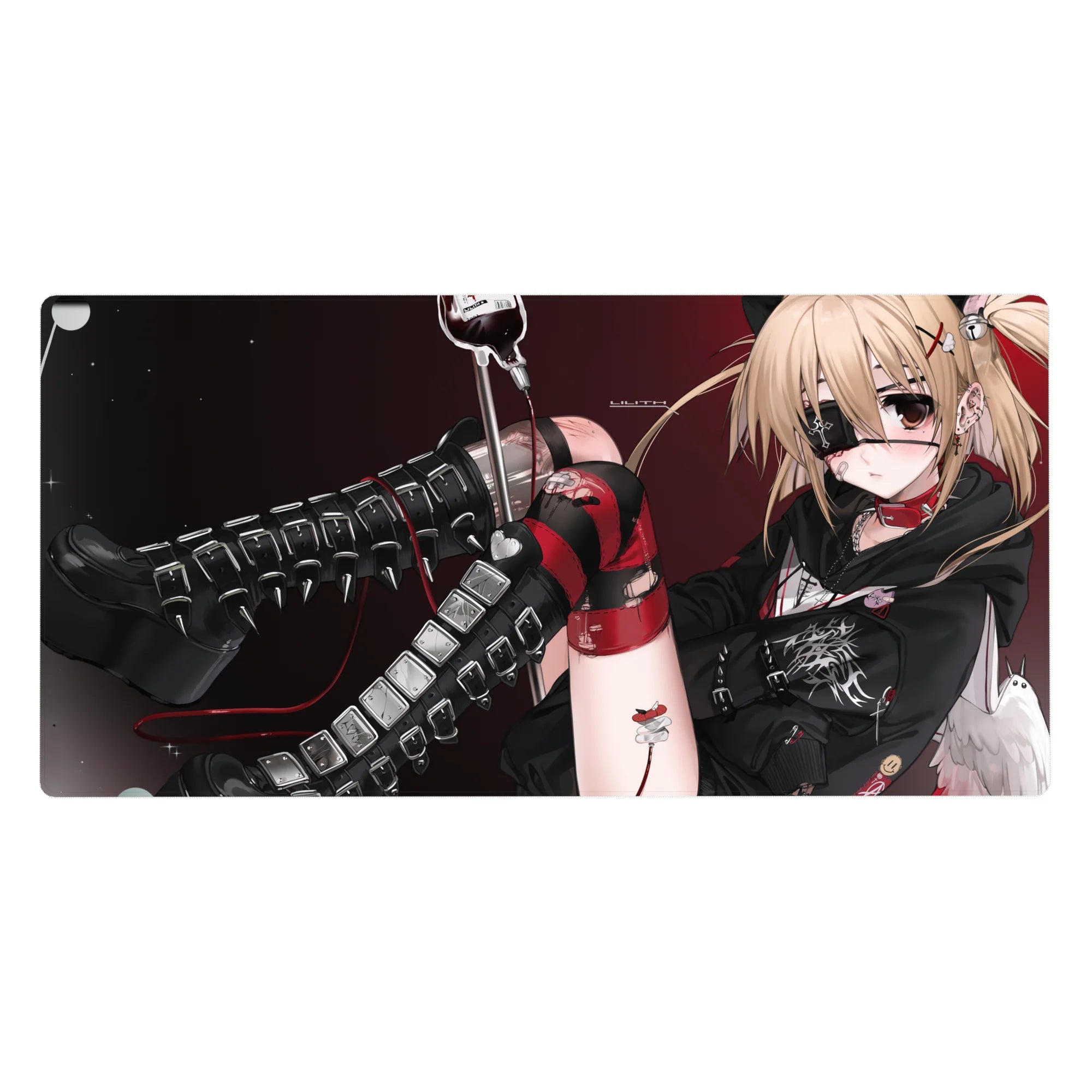 Anime girl desk pad 40x20 inches with blonde punk-angel in eyepatch, heart choker, and black boots.