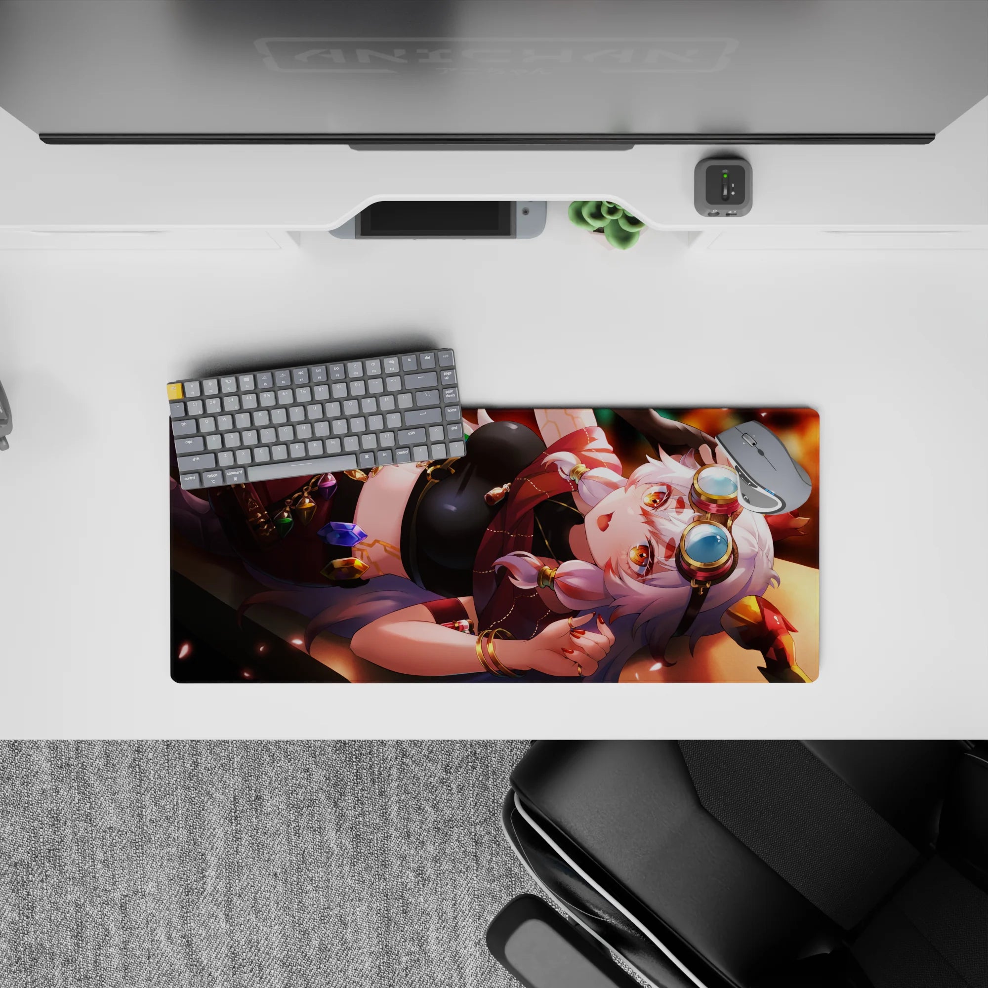 Cozy mischievous anime mouse pad 28x12 inches in ruby red, caramel glow, and jewel-tone accents.