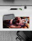 Cozy mischievous anime mouse pad 28x12 inches in ruby red, caramel glow, and jewel-tone accents.