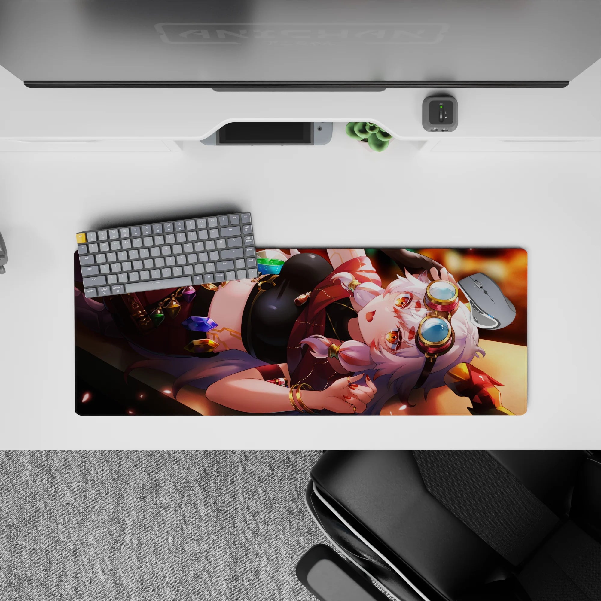 32x12 inches anime girl mouse pad in ruby reds, caramel glow, jewel-tone charms, cozy mischievous vibe.