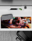 32x12 inches anime girl mouse pad in ruby reds, caramel glow, jewel-tone charms, cozy mischievous vibe.
